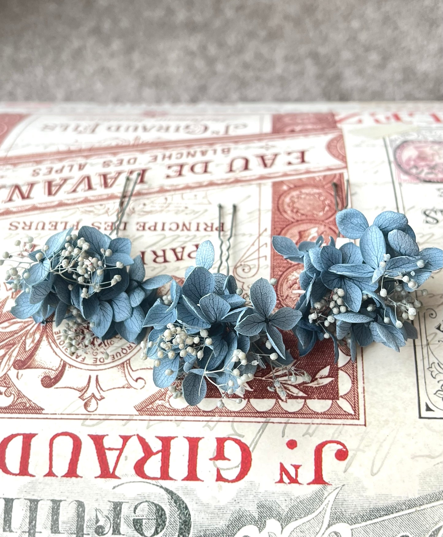 Dusty Blue Wedding Hair Pins with Hydrangeas and Gypsophilas, Set of 3