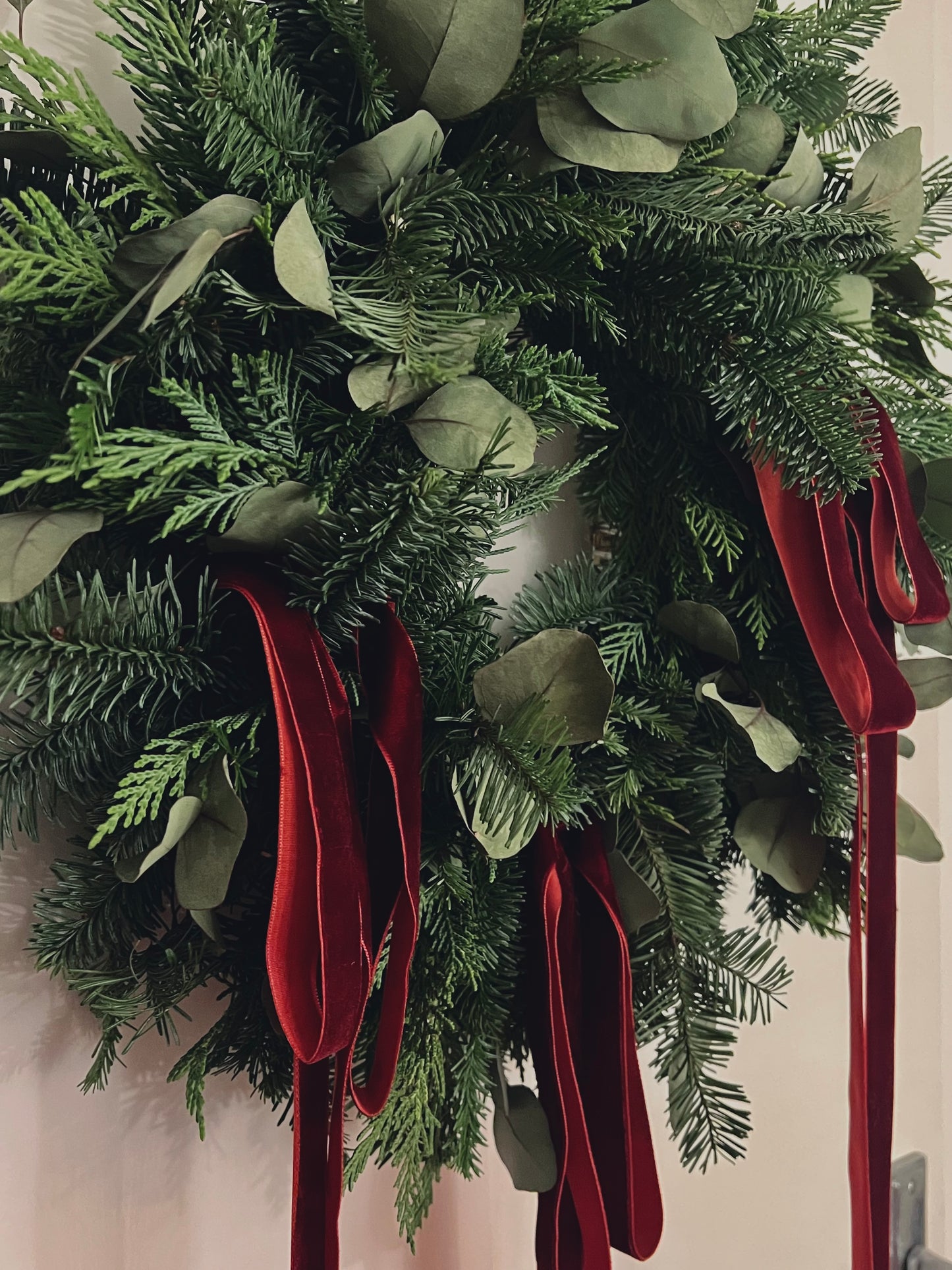 Woodland Christmas Wreath with Eucalyptus and Burgundy Velvet Ribbons