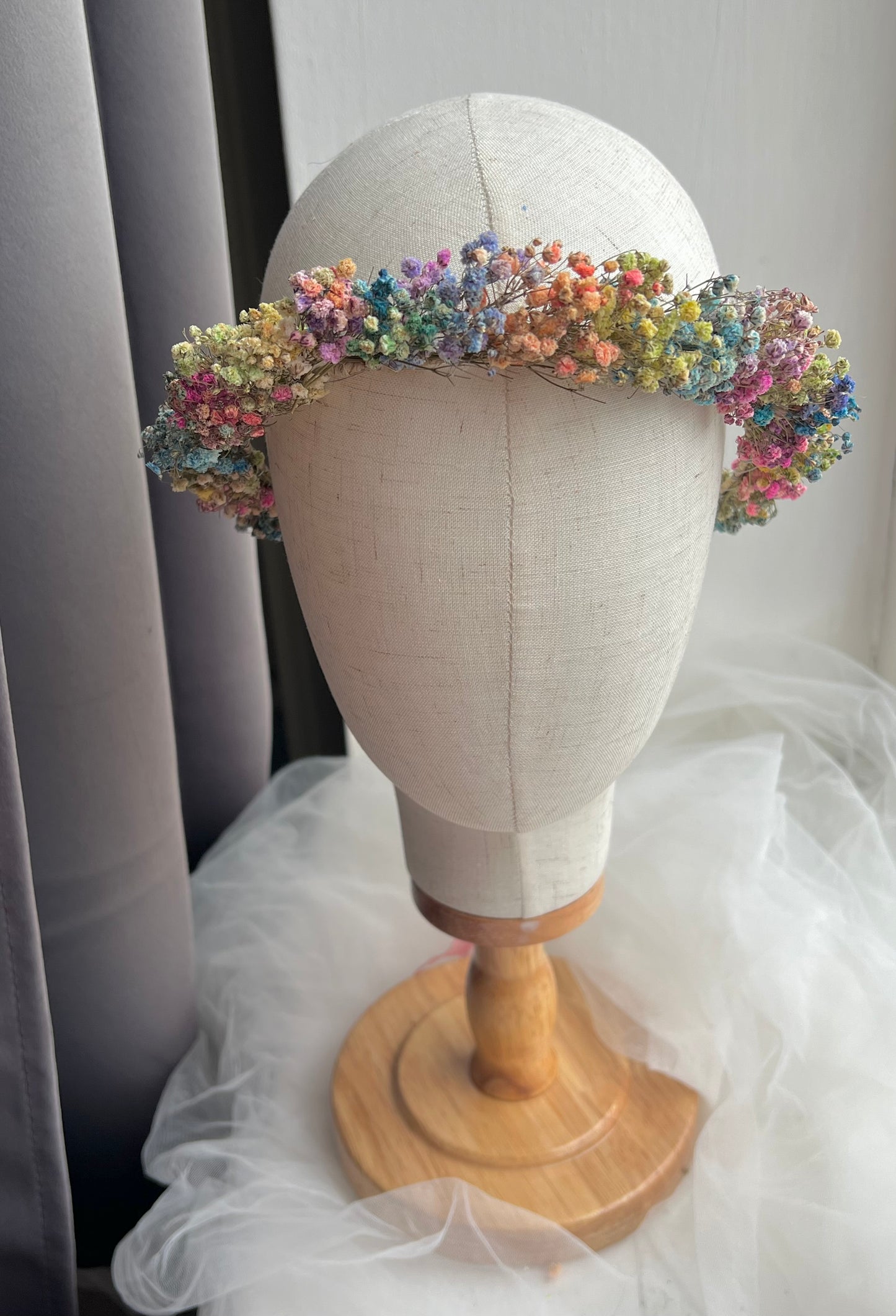 Rainbow Flower Wreath, Colourful Babys Breath Flower Girl Halo Crown Gypsophila, Dried Real Flower Hair Accessories, Floral Hair Piece
