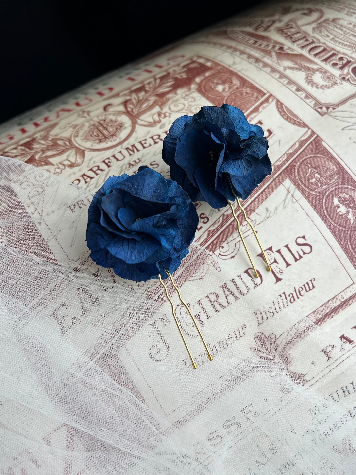 Sapphire Navy Blue Floral Hair Pins with Hydrangeas