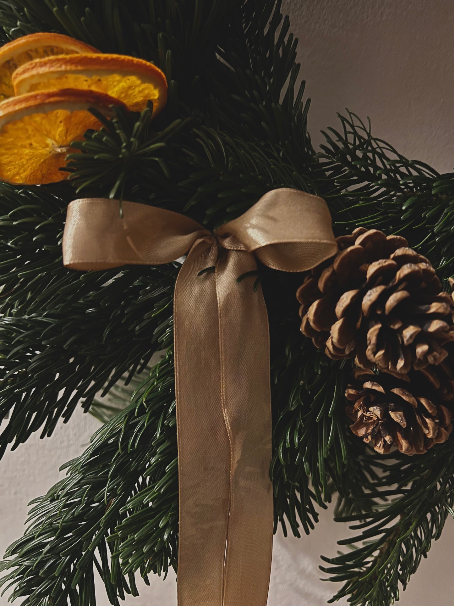 Large Christmas Wreath with Fresh Foliage Pinecones and Oranges