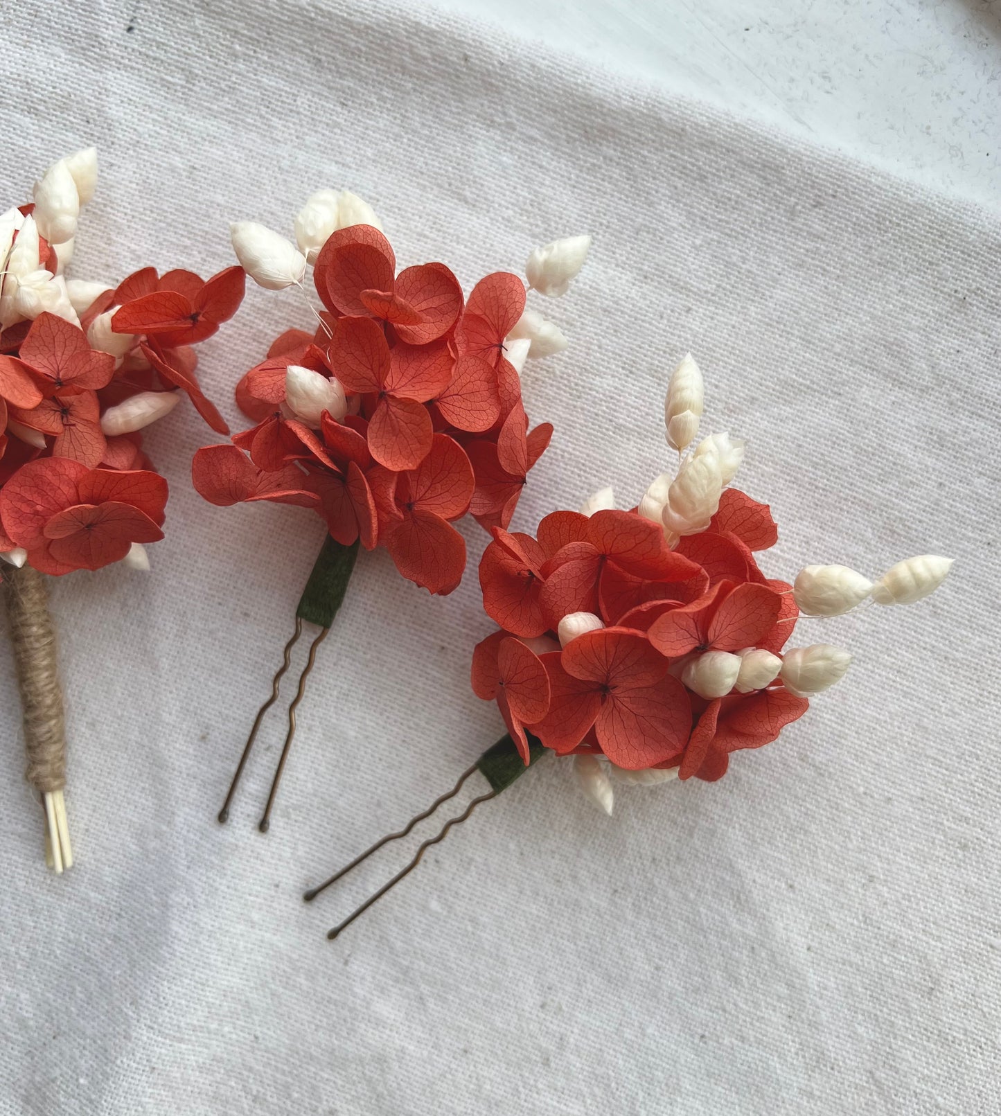 Coral Orange Dried Flower Hair Pins and Boutonniere with Preserved Hydrangeas