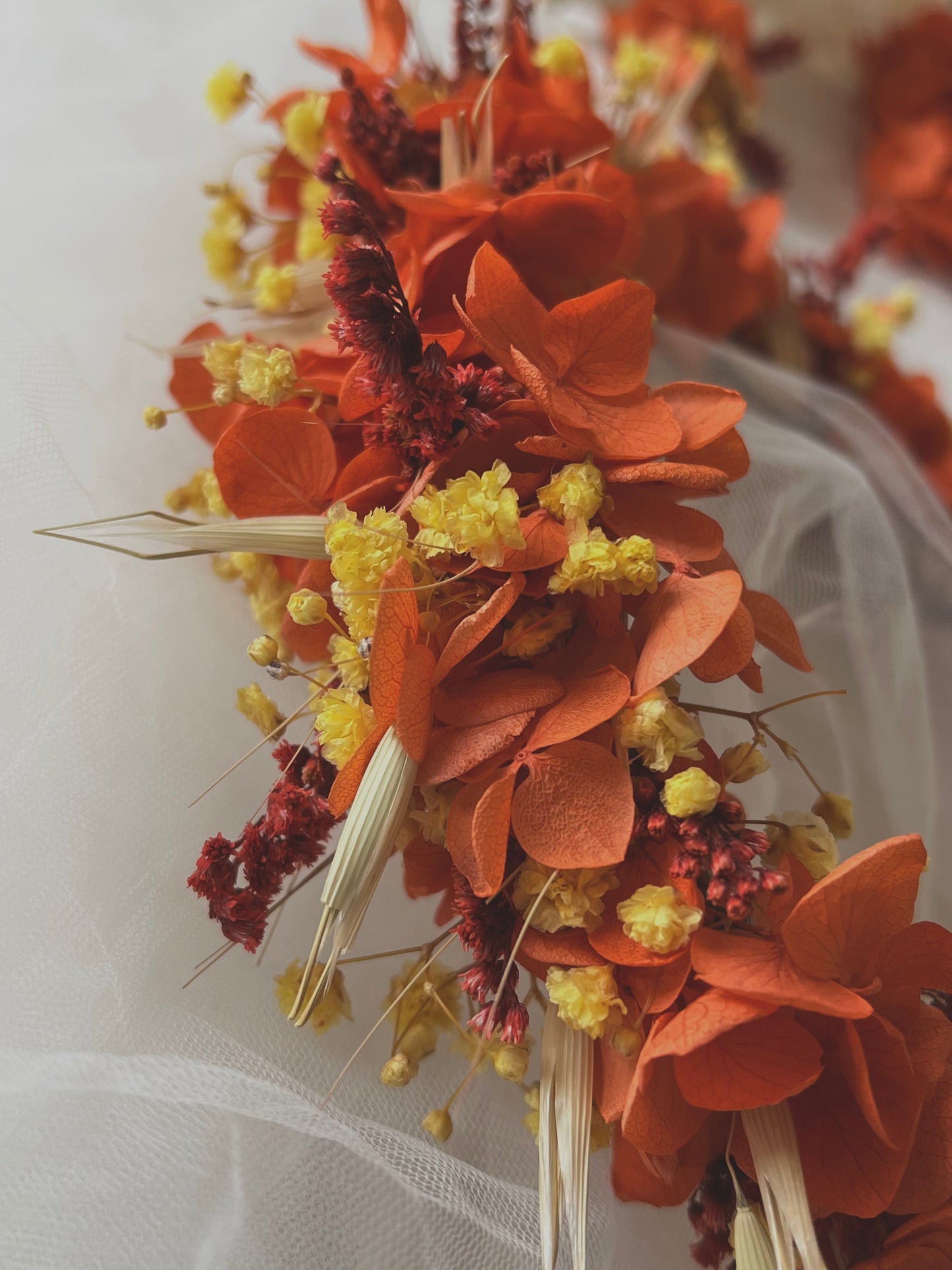 Orange Dried Flower Crown, Autumnal Floral Headband, Bright Colourful Floral Hair Wreath For Wedding