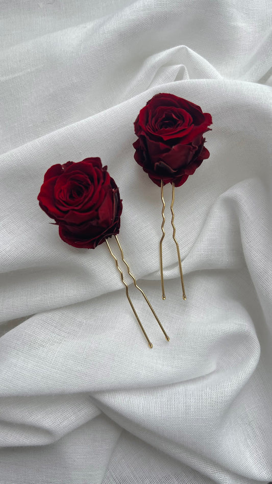 Red or Burgundy Rose Minimal Real Flower Hair Pins, Red Dried Flower Mini Hair Piece, Rose Wedding Hair Pin, Bridal Bridesmaids Flower Headpiece