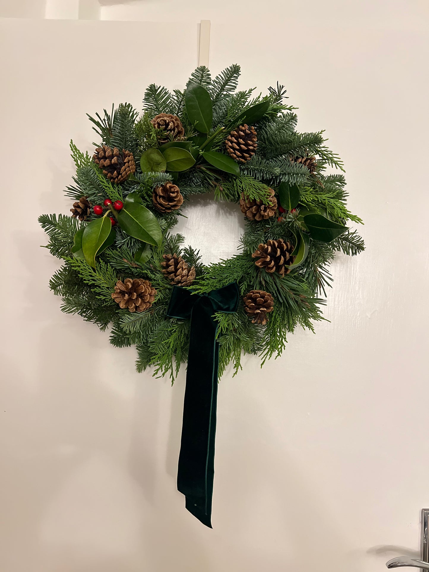 Fresh Christmas Wreath with Holly Red Berries and Pinecones, Green Velvet Ribbon, 45cm