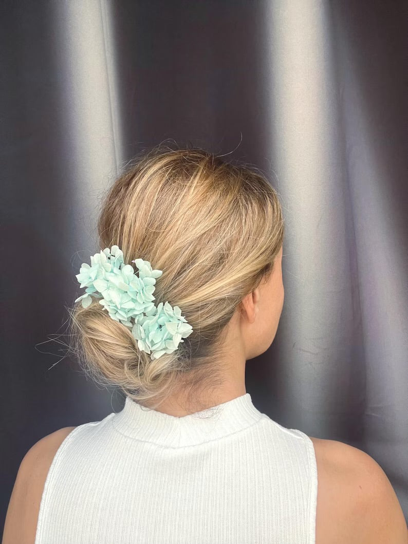 Aqua Blue Hydrangea Hair Pins for Wedding, Bridal Hair Accessories for Beach wedding, Set of 3