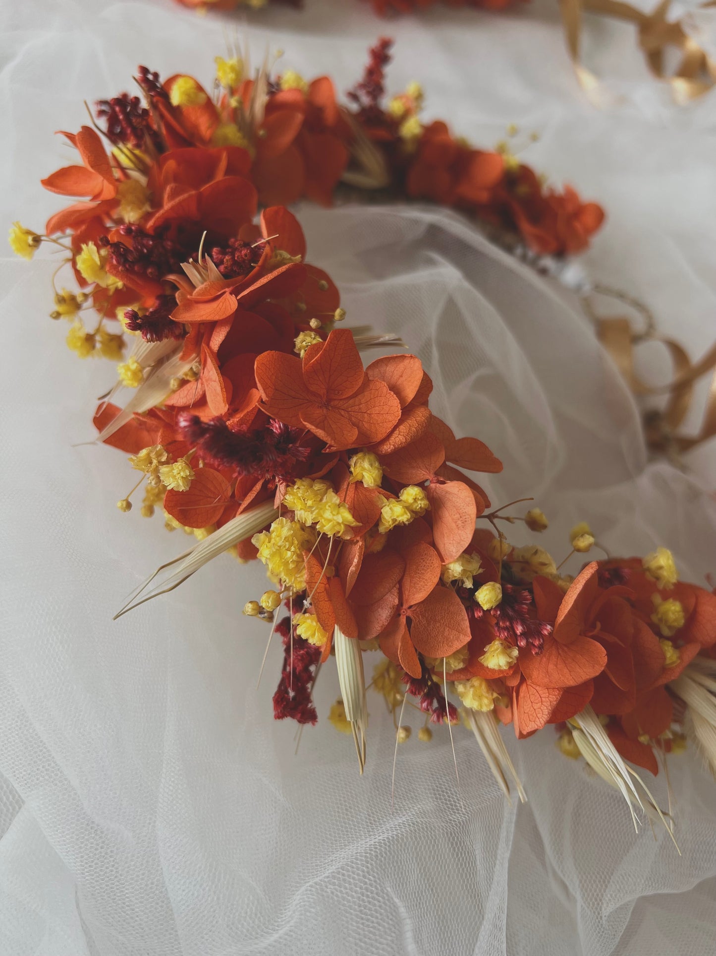 Orange Dried Flower Crown, Autumnal Floral Headband, Bright Colourful Floral Hair Wreath For Wedding