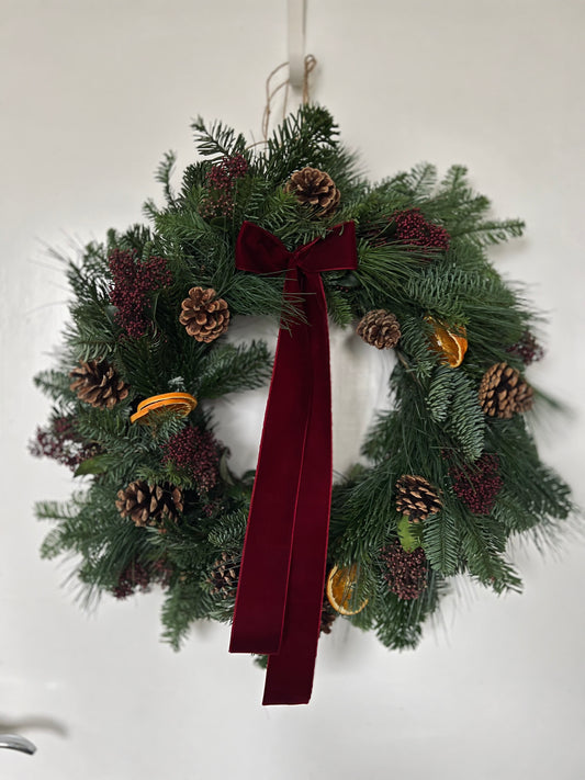 Large Christmas Wreath with Fresh Foliage Pinecones and Oranges, Burgundy Velvet Ribbon