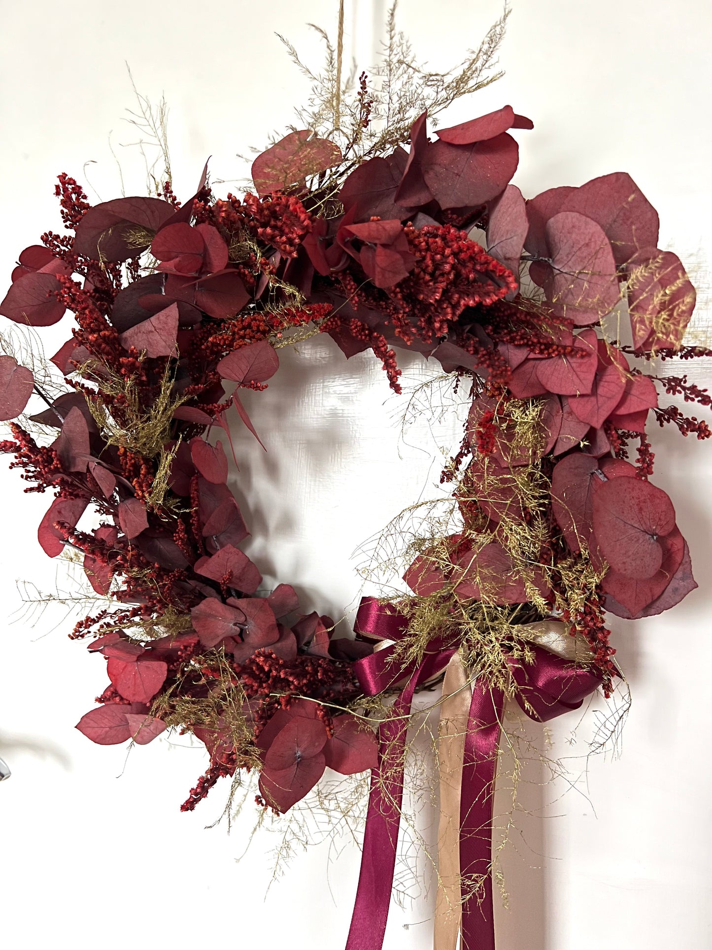 Burgundy Red Christmas Wreath, Modern Eucalyptus And Fern Door Wreath with Gold