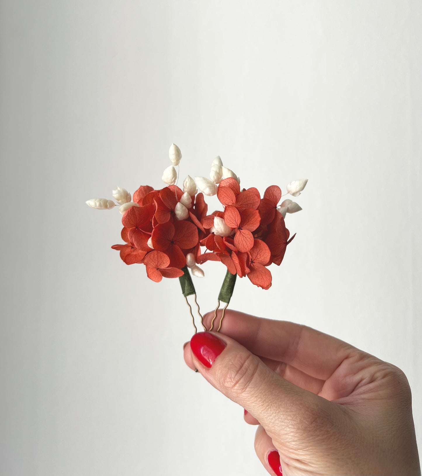 Coral Orange Dried Flower Hair Pins and Boutonniere with Preserved Hydrangeas