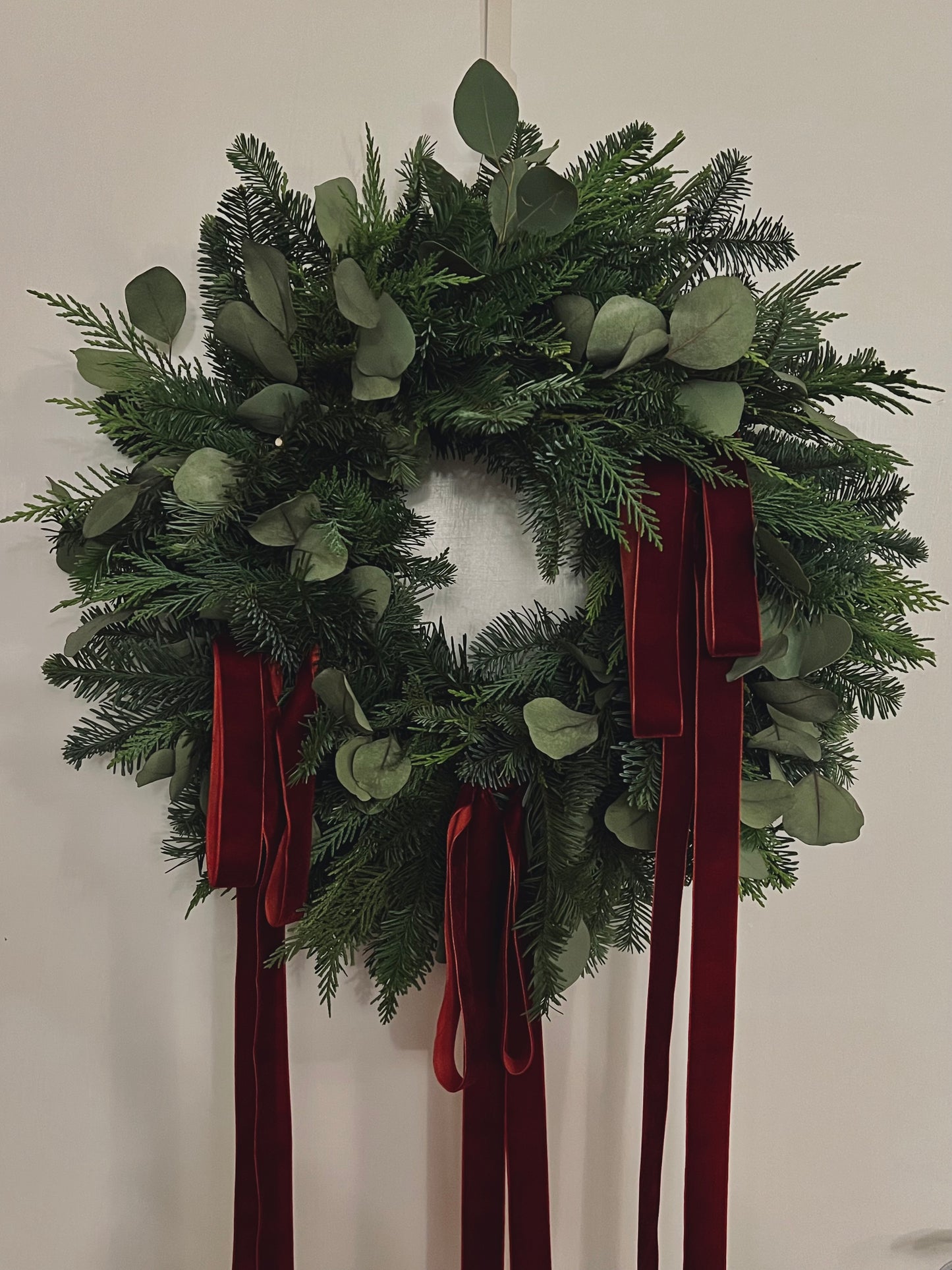 Woodland Christmas Wreath with Eucalyptus and Burgundy Velvet Ribbons