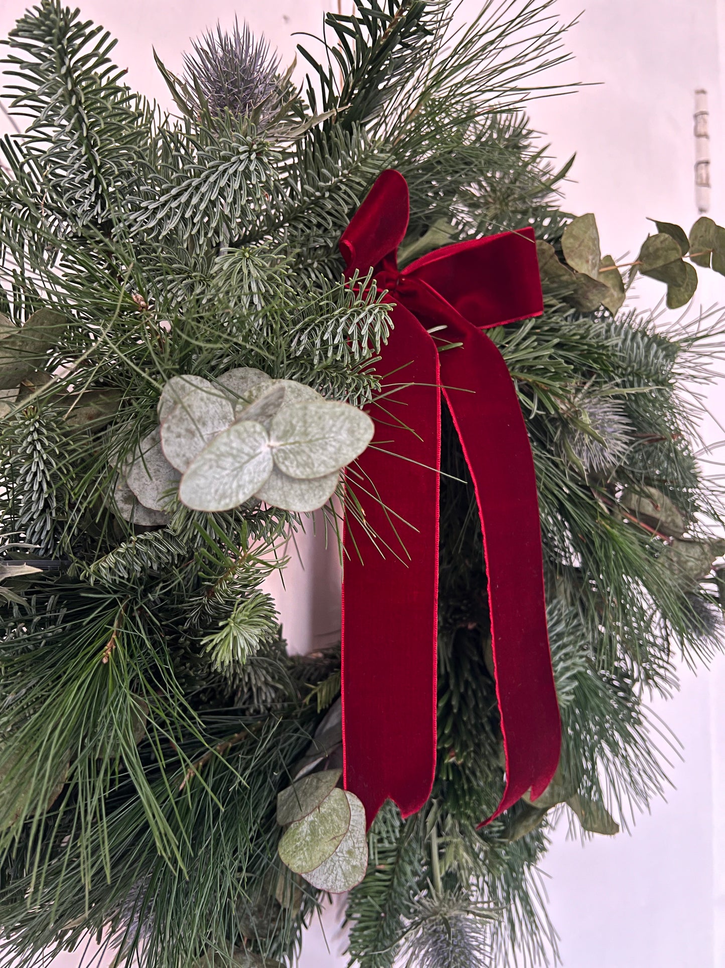 Woodland Christmas Wreath with Thistle, Eucalyptus and Burgundy Velvet Ribbon 50cm
