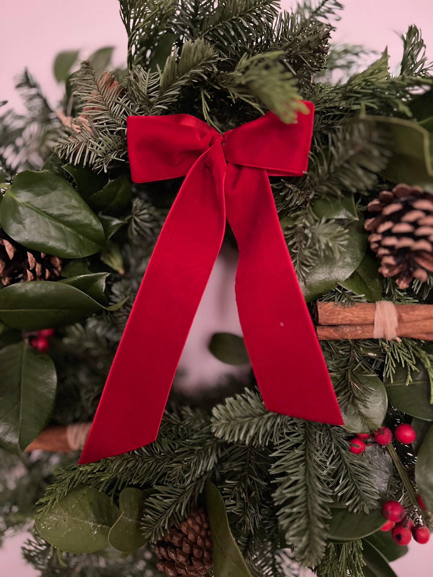 Fresh Christmas wreath with velvet red ribbon 45cm
