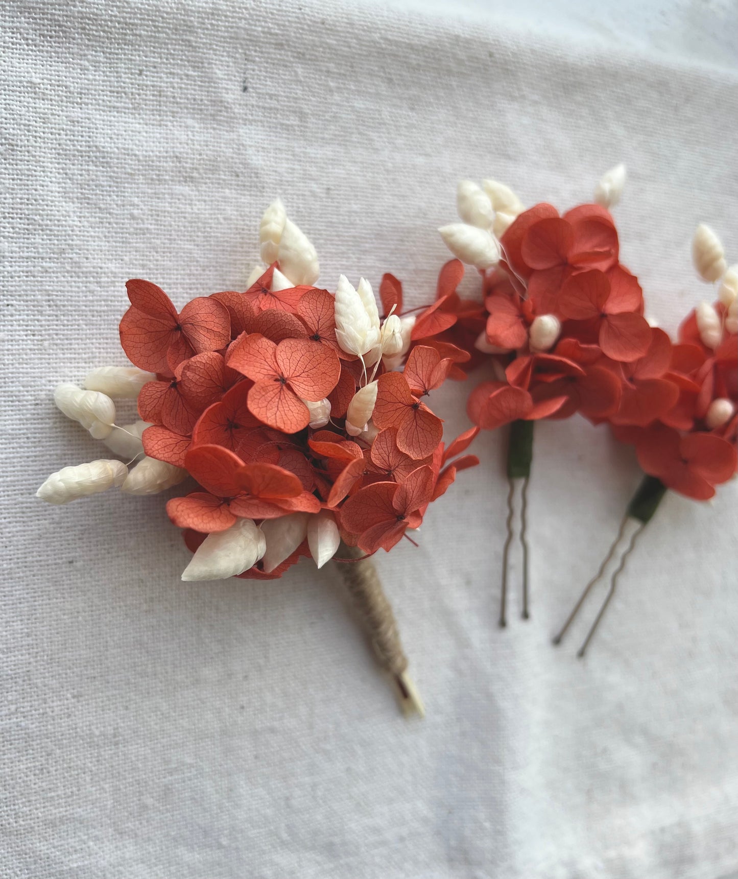 Coral Orange Dried Flower Hair Pins and Boutonniere with Preserved Hydrangeas
