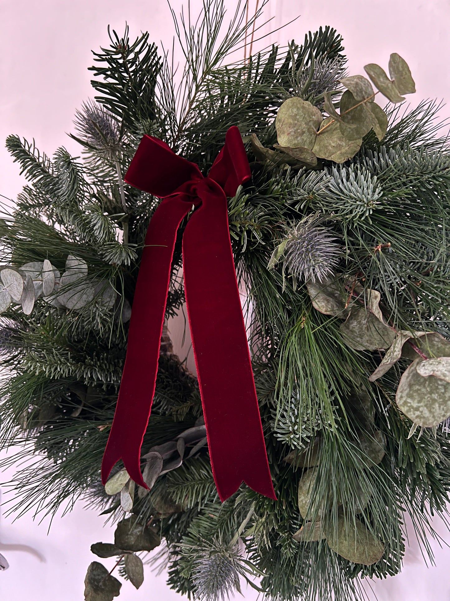 Woodland Christmas Wreath with Thistle, Eucalyptus and Burgundy Velvet Ribbon 50cm