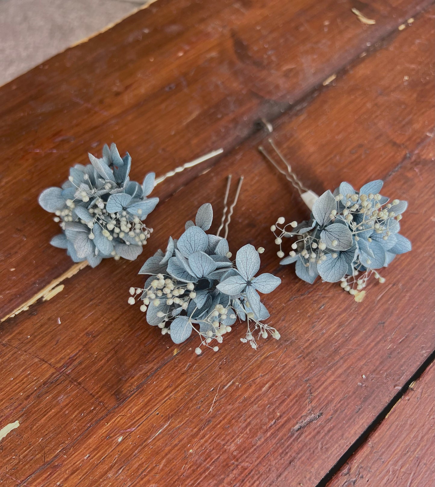 Dusty Blue Wedding Hair Pins with Hydrangeas and Gypsophilas, Set of 3
