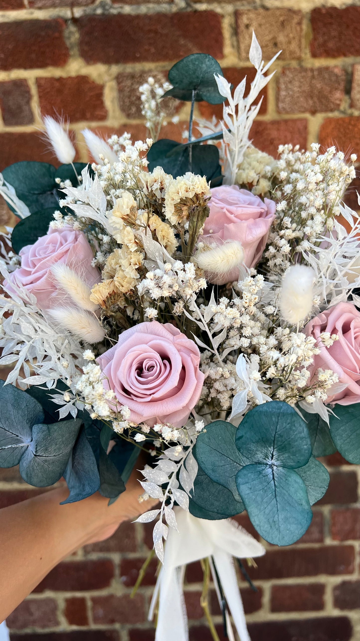 Pink Bridal Bouquet with Roses, Gypsophila and Eucalyptus