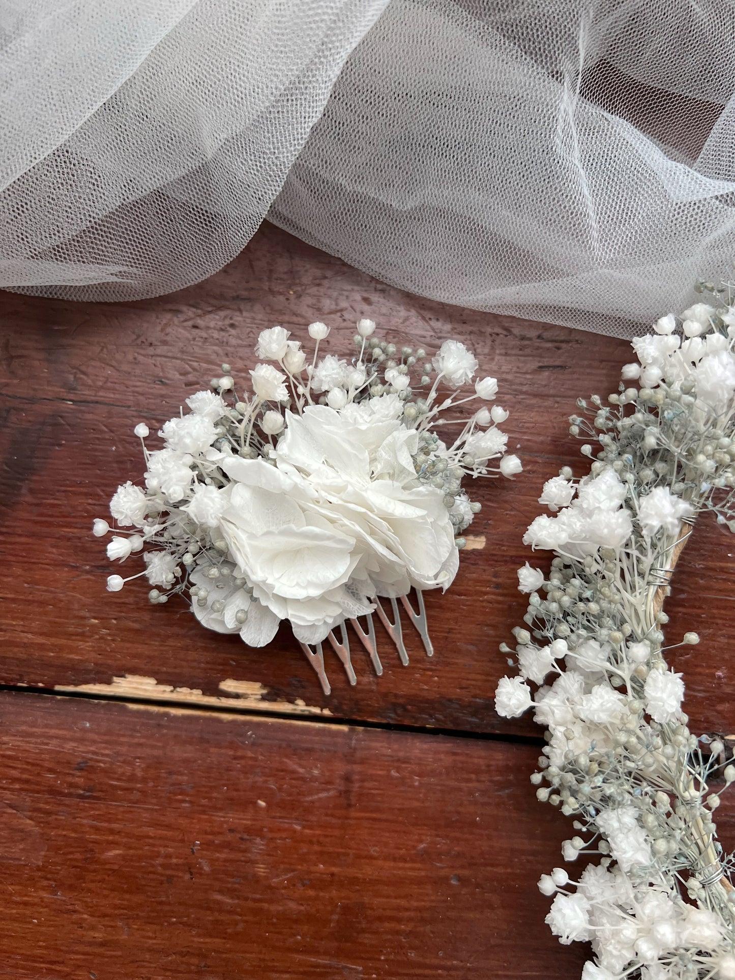 Preserved Gypsophila Headband White and Pale Blue Tiny Flower Crown and Wedding Flowers Set with Boutonniere, Babys Breath Hair Pins