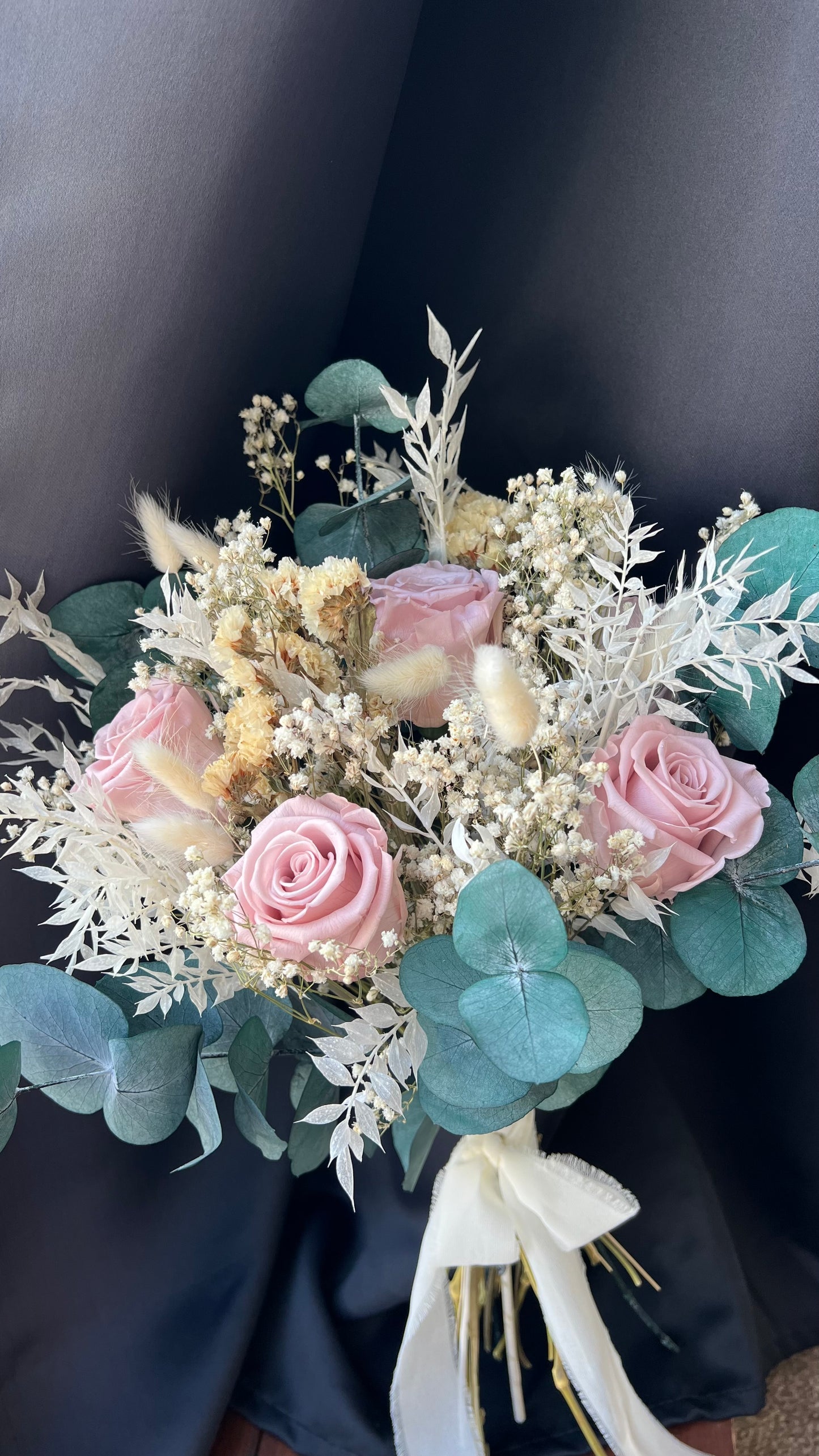 Pink Bridal Bouquet with Roses, Gypsophila and Eucalyptus