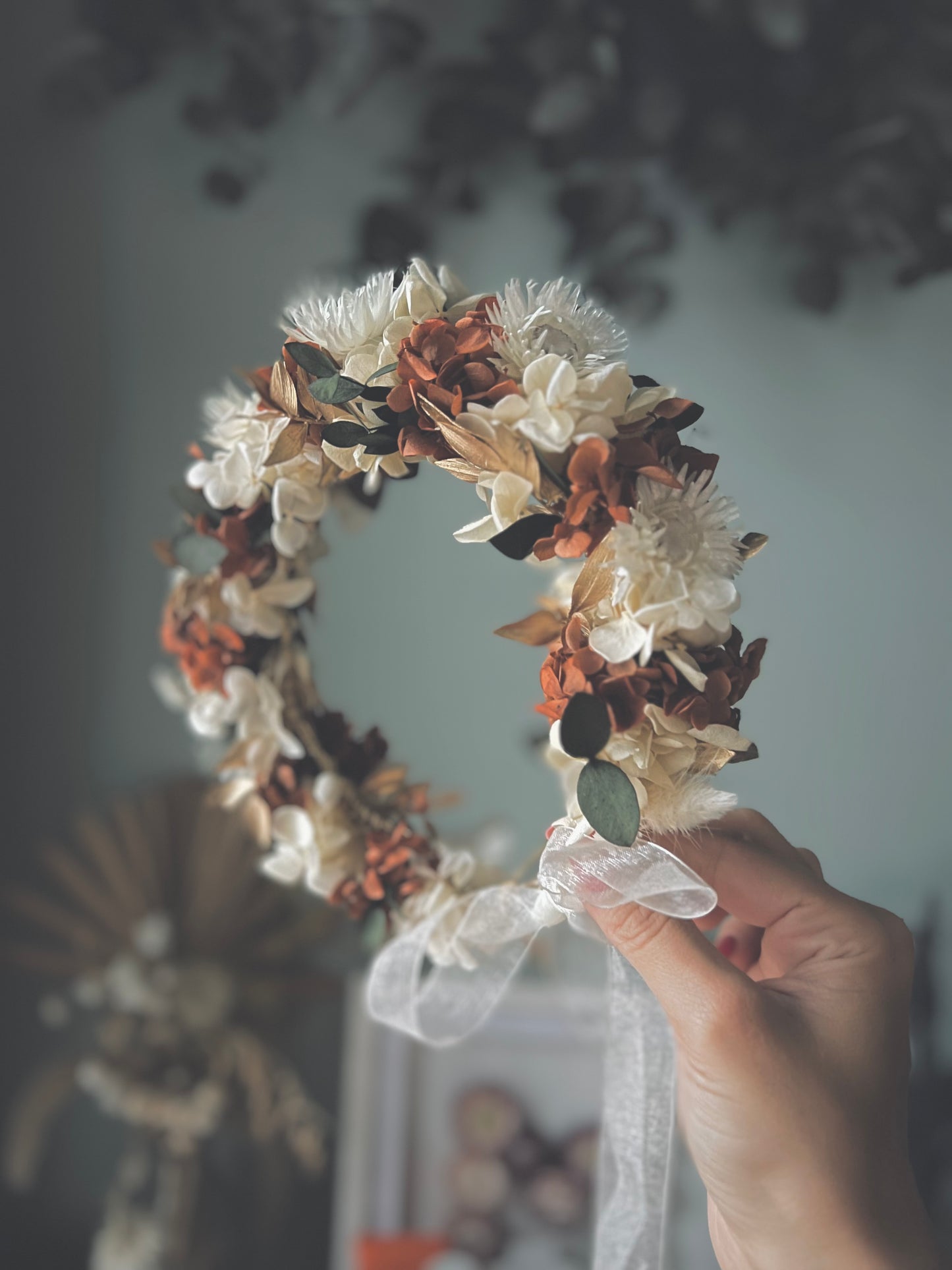 Autumnal Boho Dried Flower Crown Burnt Orange Terracotta Gold Ivory Bridal Floral Headband, Rustic Floral Hair Accessories Set Floral Comb