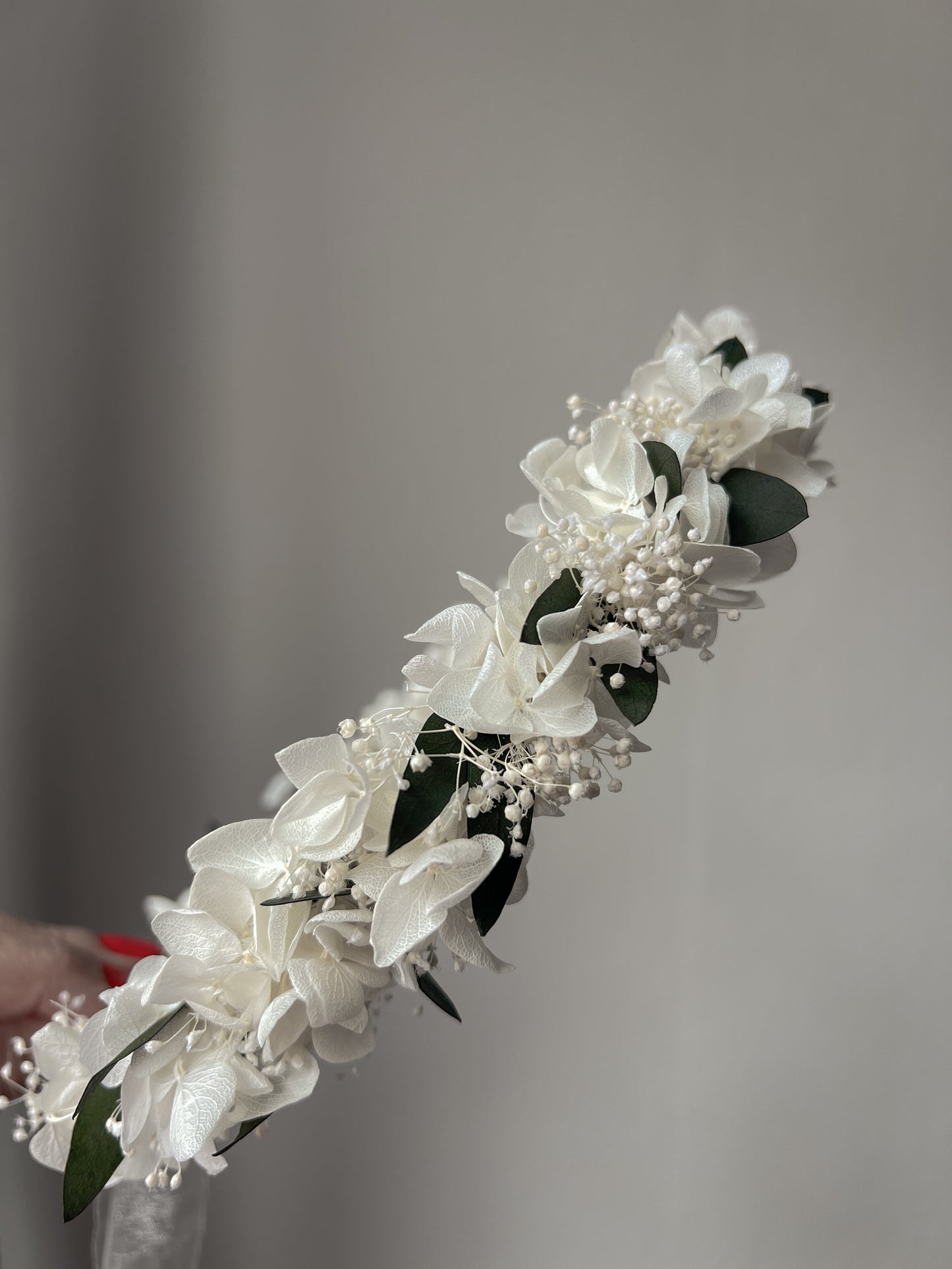 White Flower Crown with Preserved Hydrangeas, Babys Breath and Eucalyptus Leaves