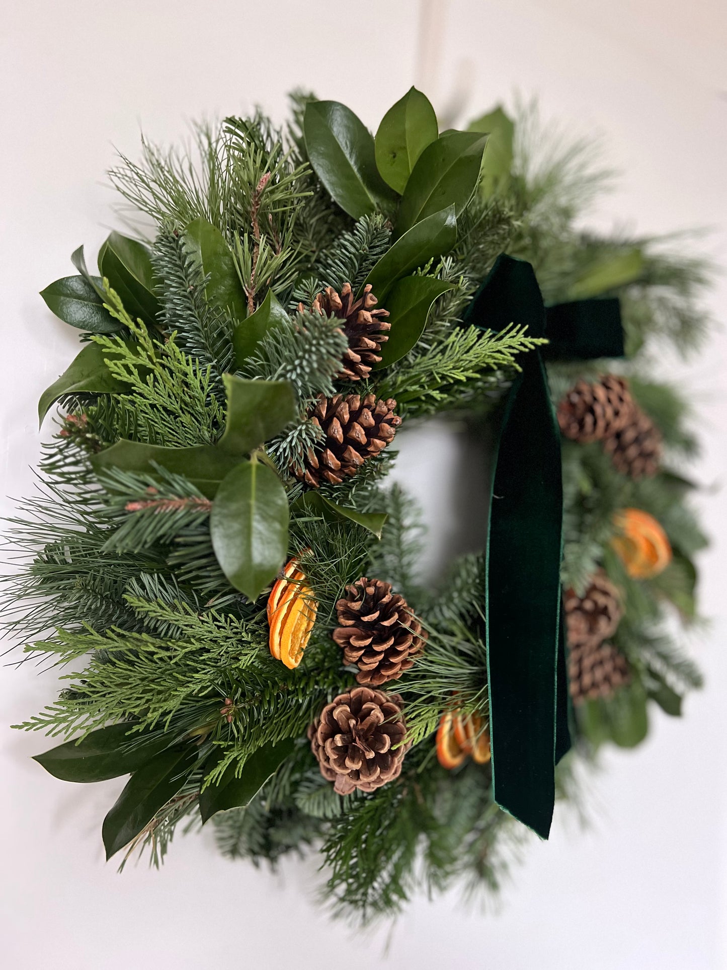 Large Fresh Christmas Wreath Natural with Pinecones and Oranges and Velvet Ribbon 20”