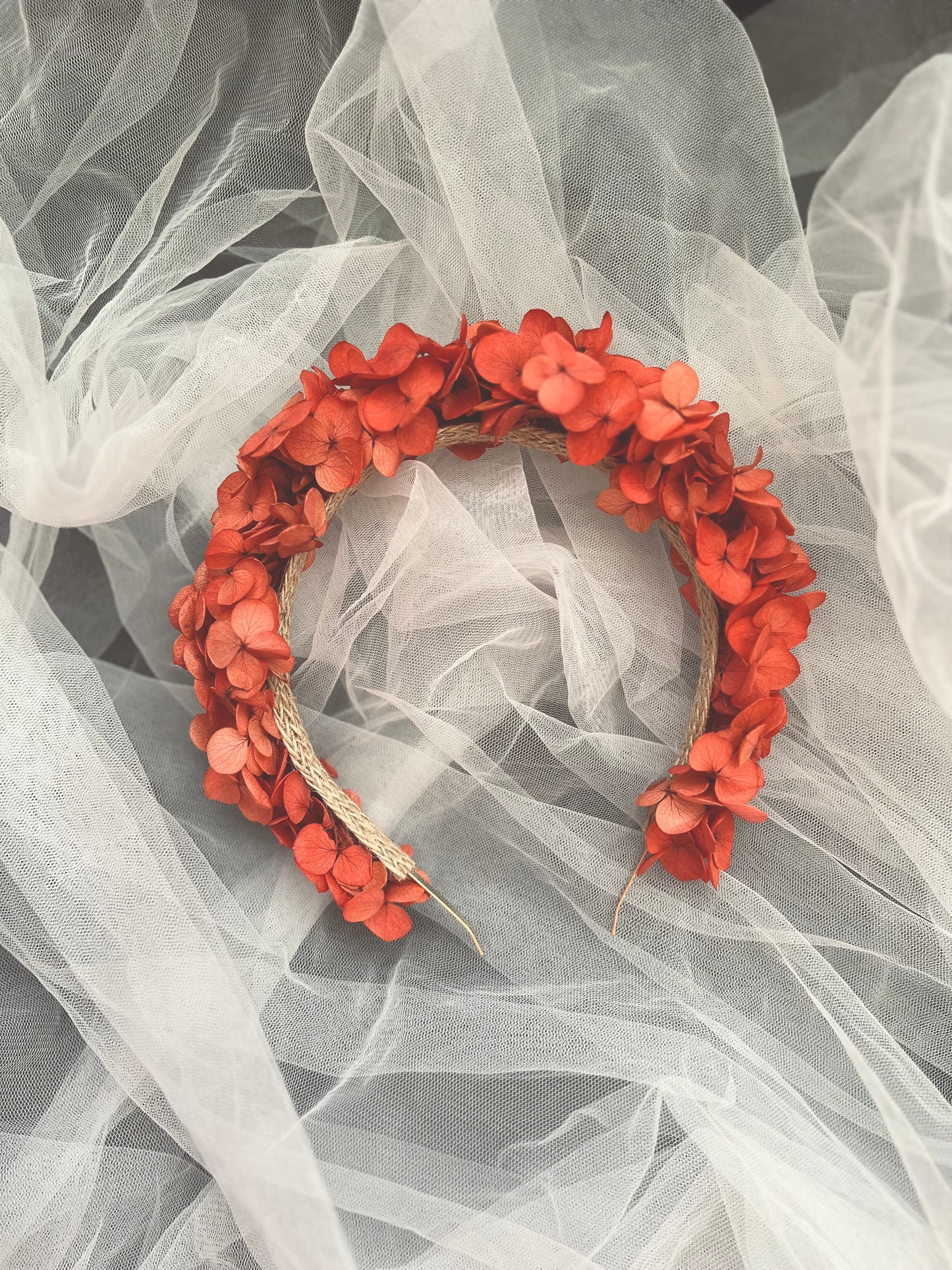Boho Floral Crown, Coral Dried Flower Tiara, Wedding Flower Hydrangea Headband in Orange, Rustic Floral Hair Accessories Adults Flower Girl