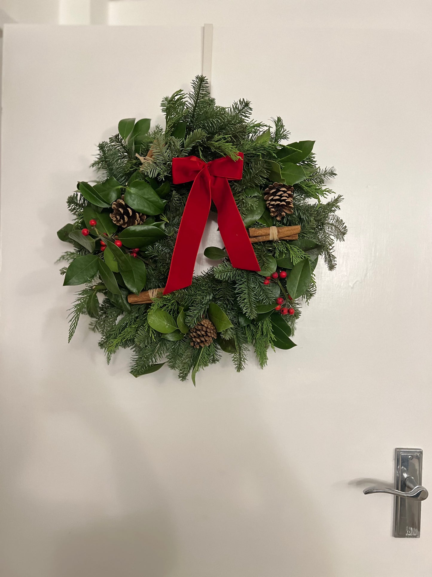 Fresh Christmas wreath with velvet red ribbon 45cm