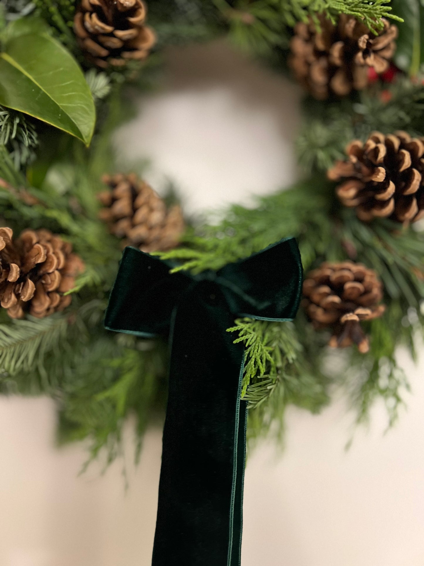 Fresh Christmas Wreath with Holly Red Berries and Pinecones, Green Velvet Ribbon, 45cm