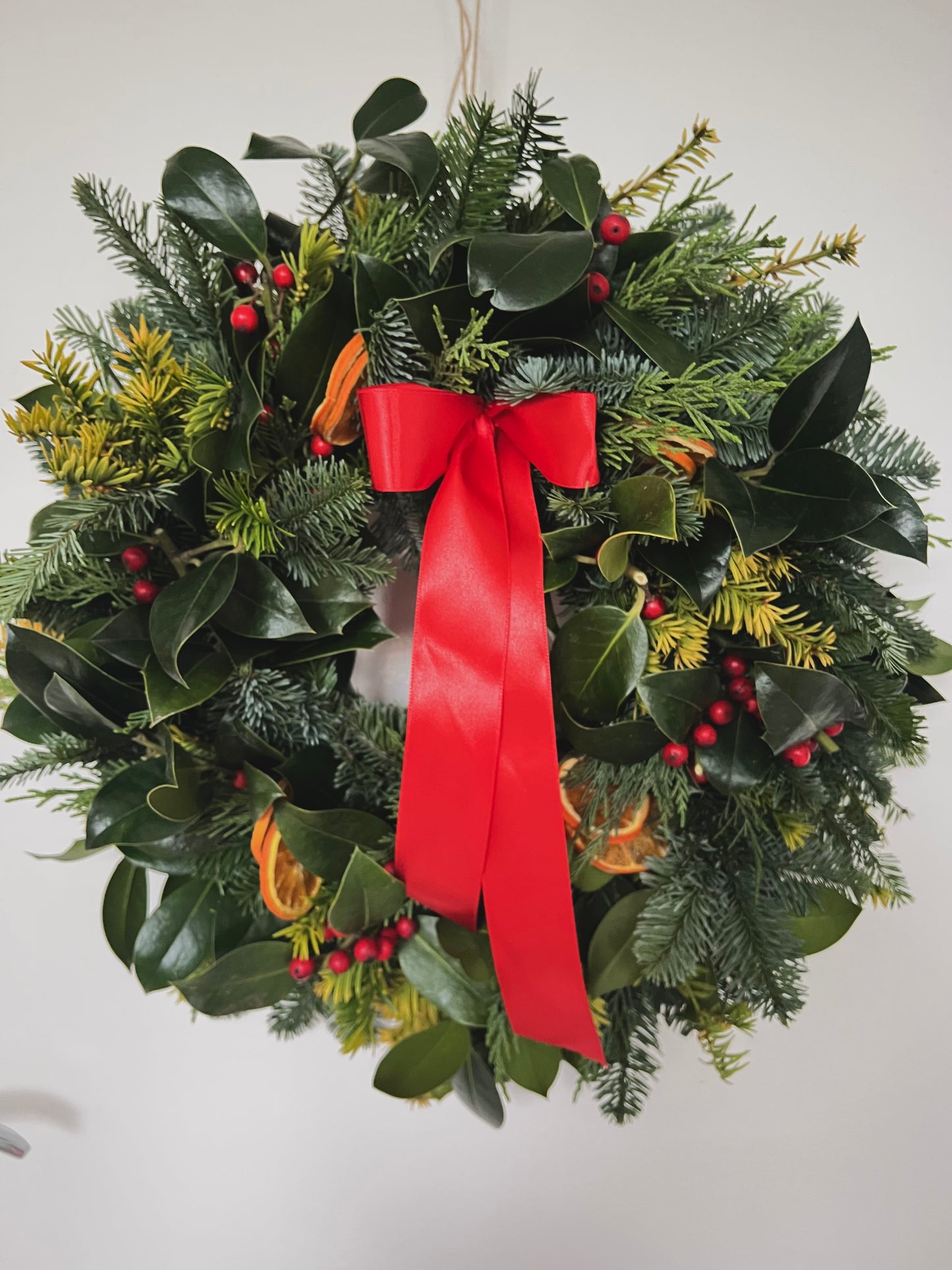 Large Fresh Traditional Christmas Wreath with Red Berries, Dried Oranges and Red Ribbon