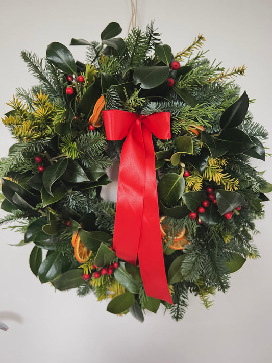 Large Fresh Traditional Christmas Wreath with Red Berries, Dried Oranges and Red Ribbon