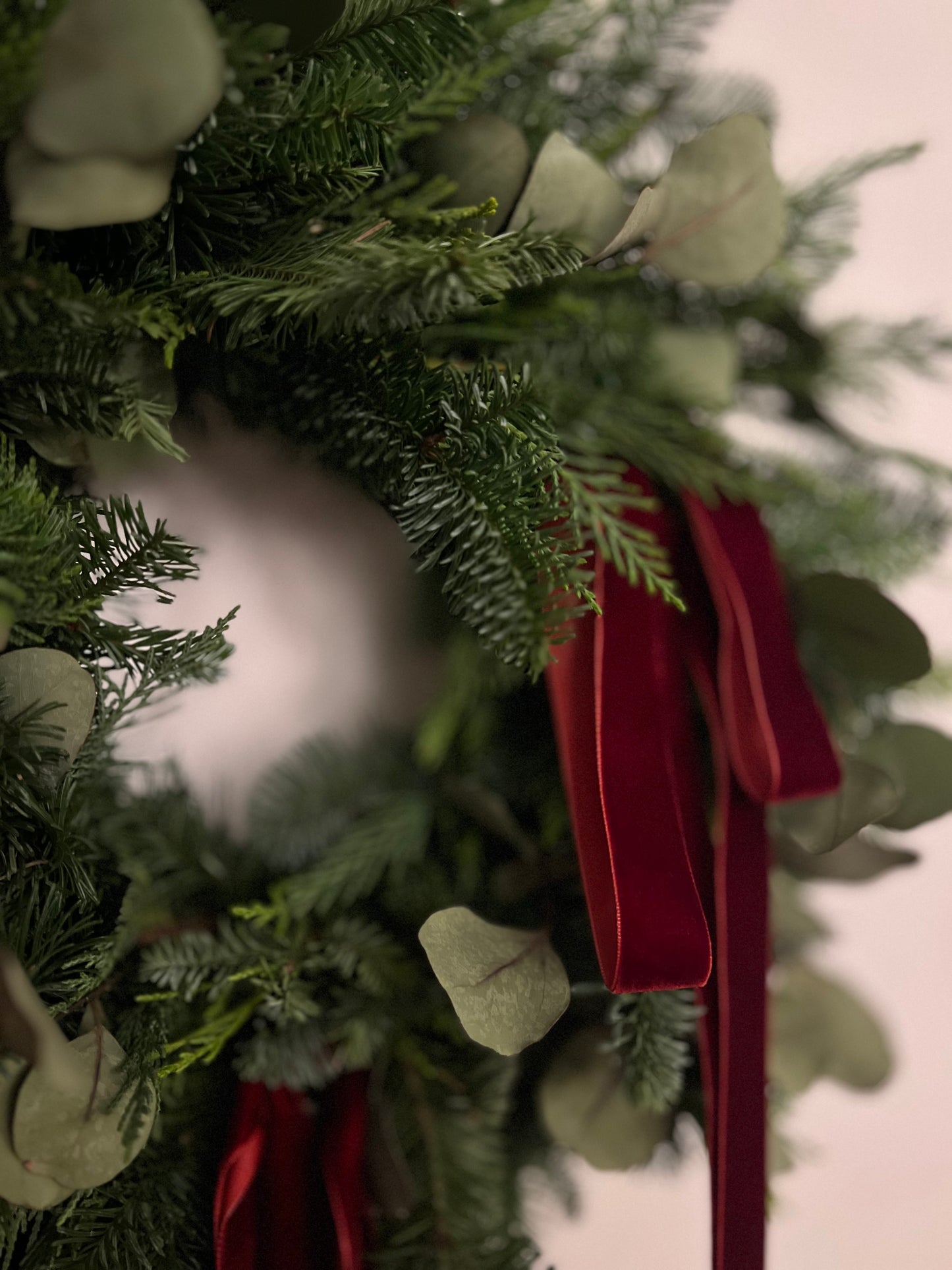 Woodland Christmas Wreath with Eucalyptus and Burgundy Velvet Ribbons