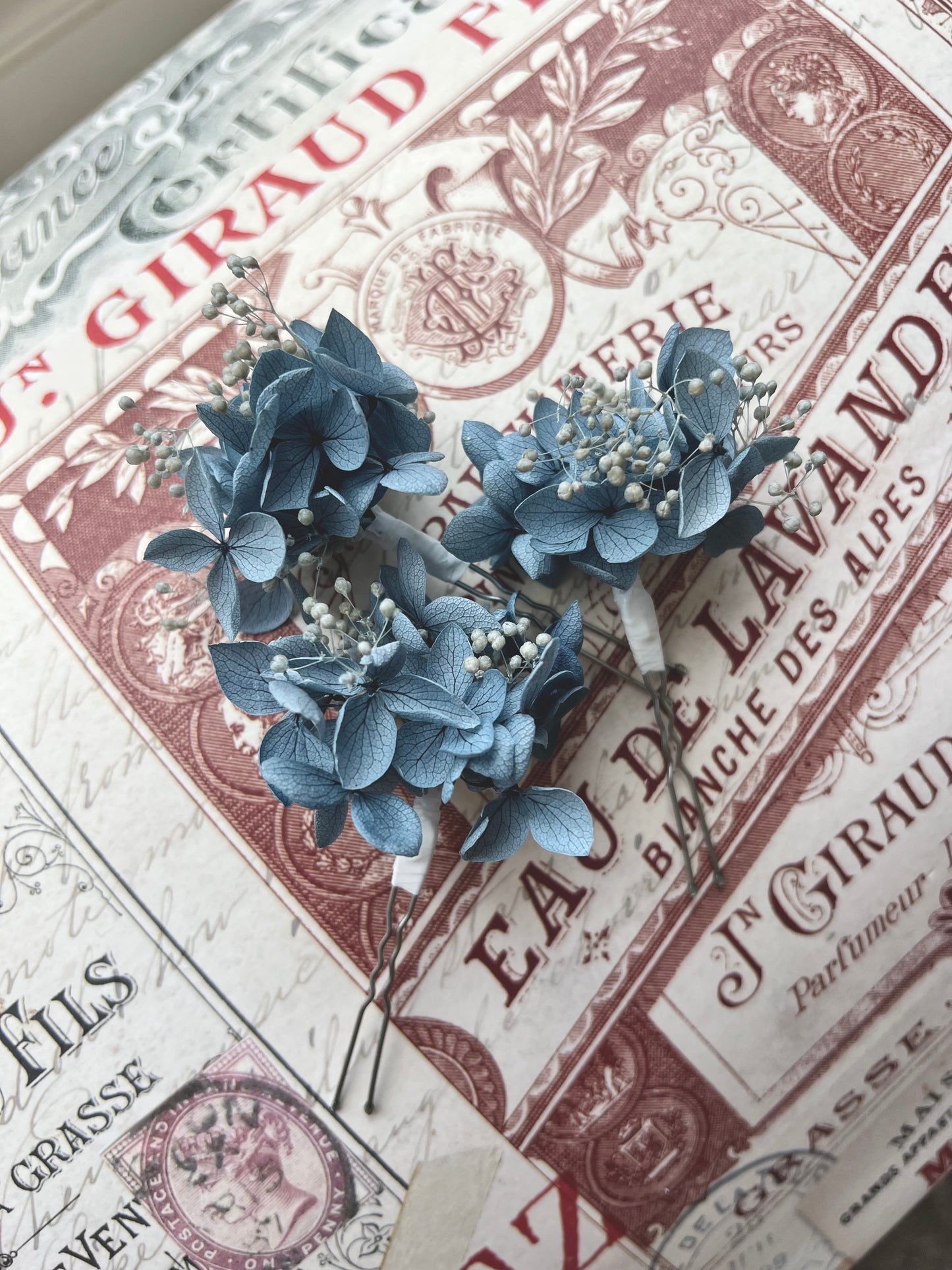 Dusty Blue Wedding Hair Pins with Hydrangeas and Gypsophilas, Set of 3