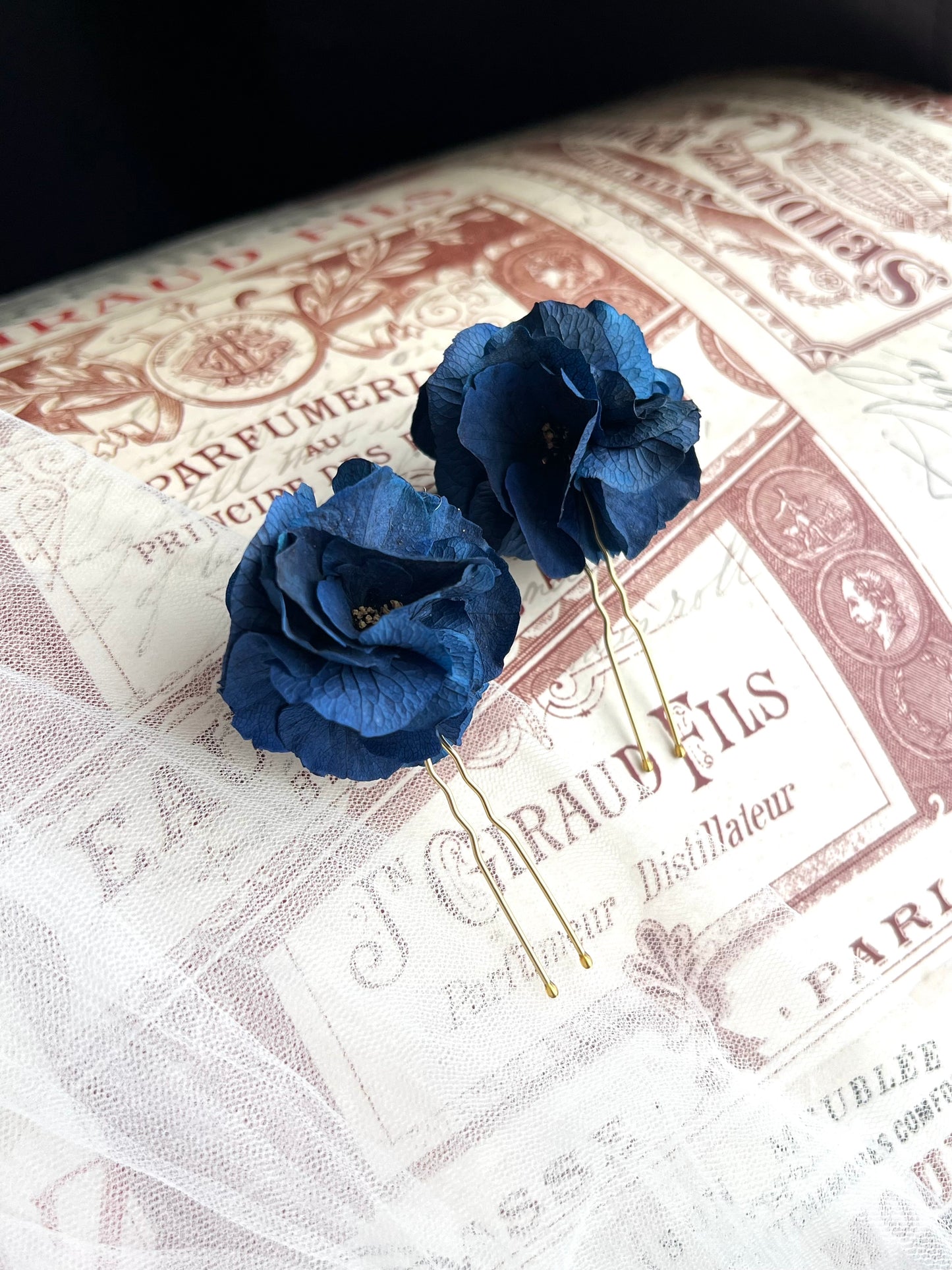 Sapphire Navy Blue Floral Hair Pins with Hydrangeas
