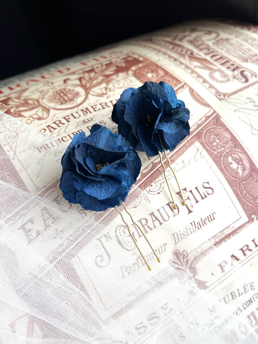 Sapphire Navy Blue Floral Hair Pins with Hydrangeas