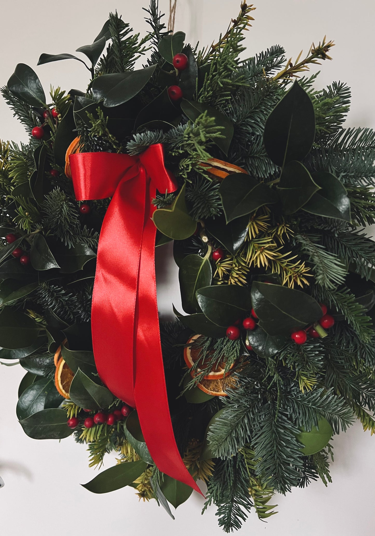 Large Fresh Traditional Christmas Wreath with Red Berries, Dried Oranges and Red Ribbon