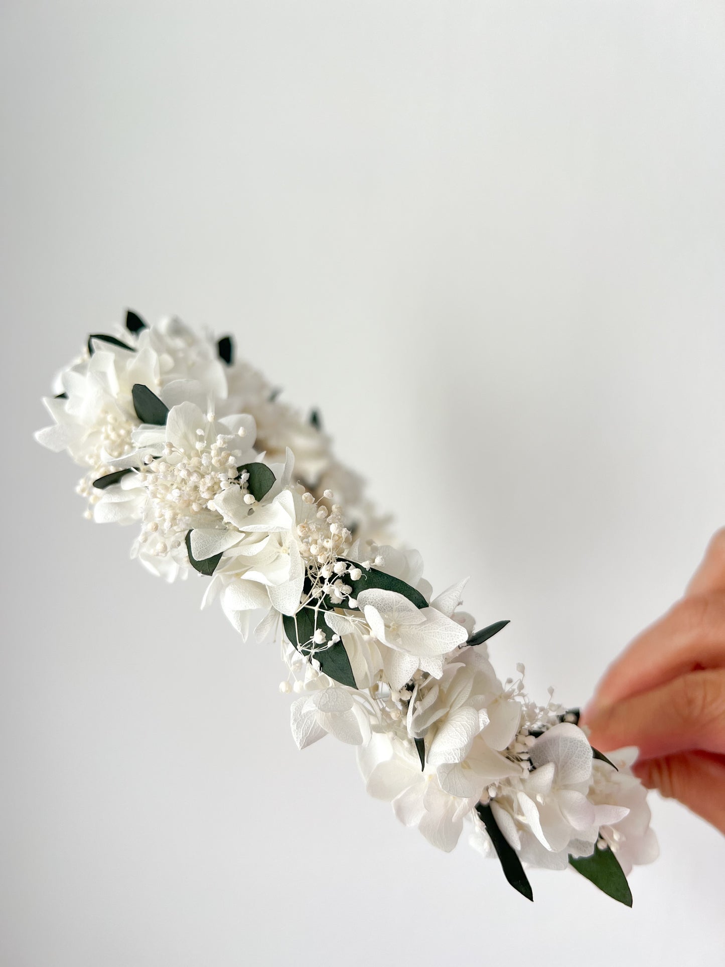White Flower Crown with Preserved Hydrangeas, Babys Breath and Eucalyptus Leaves