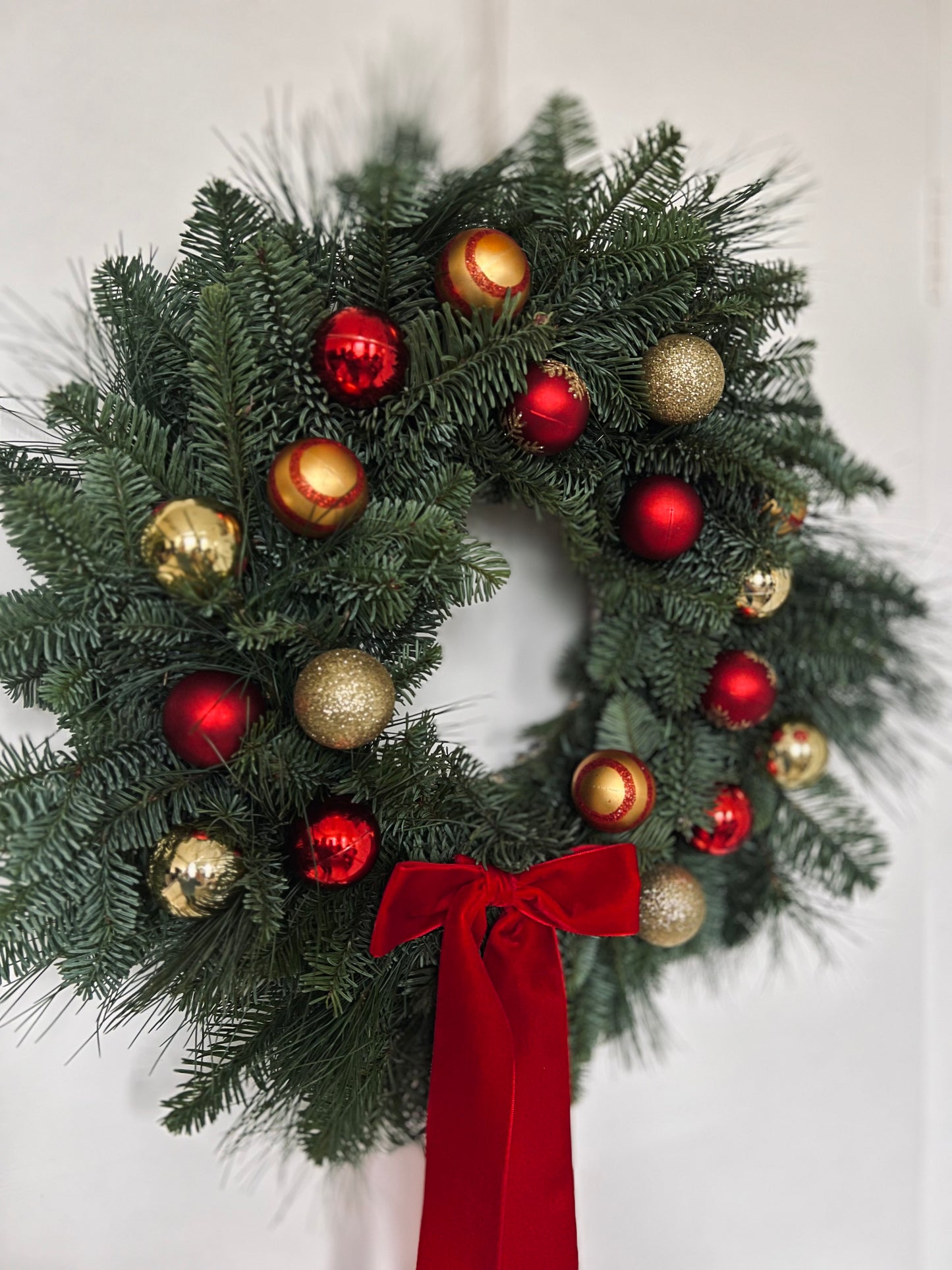Christmas Wreath Red and Gold with Baubles and Red Velvet Ribbon
