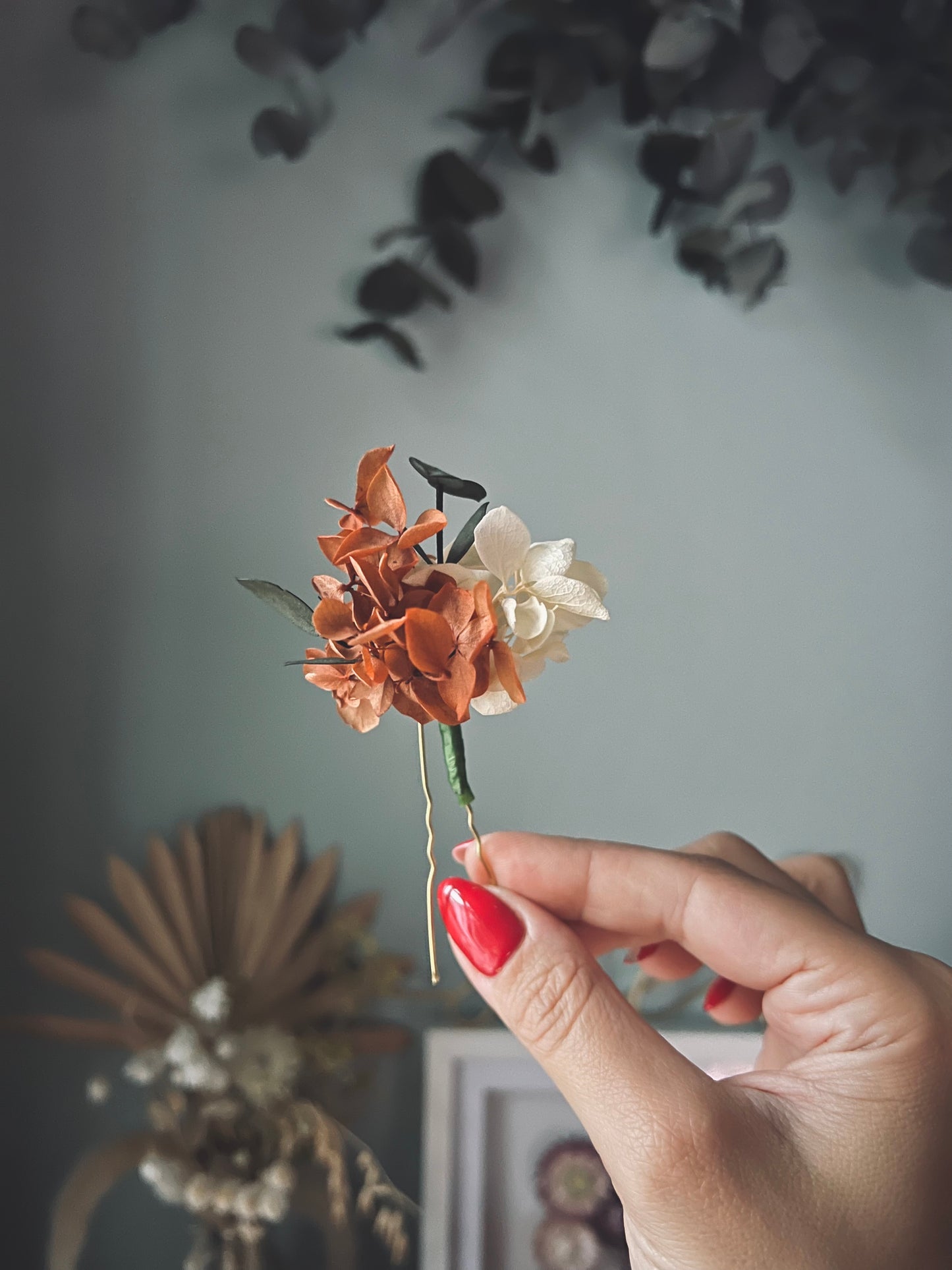 Autumnal Boho Dried Flower Crown Burnt Orange Terracotta Gold Ivory Bridal Floral Headband, Rustic Floral Hair Accessories Set Floral Comb