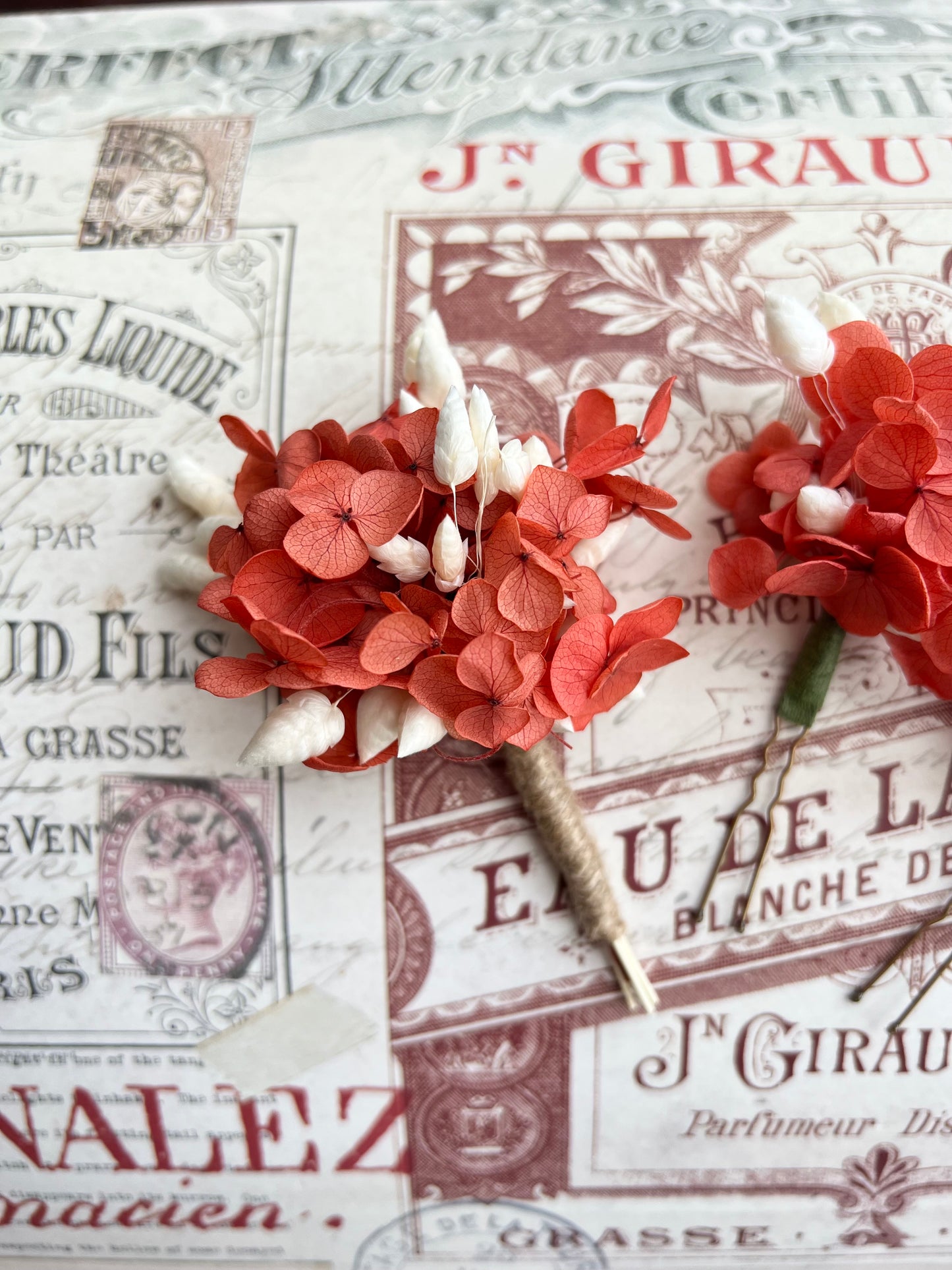 Coral Orange Dried Flower Hair Pins and Boutonniere with Preserved Hydrangeas