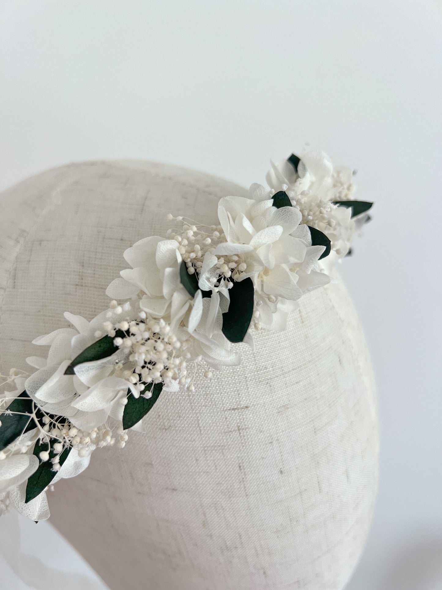 White Flower Crown with Preserved Hydrangeas, Babys Breath and Eucalyptus Leaves