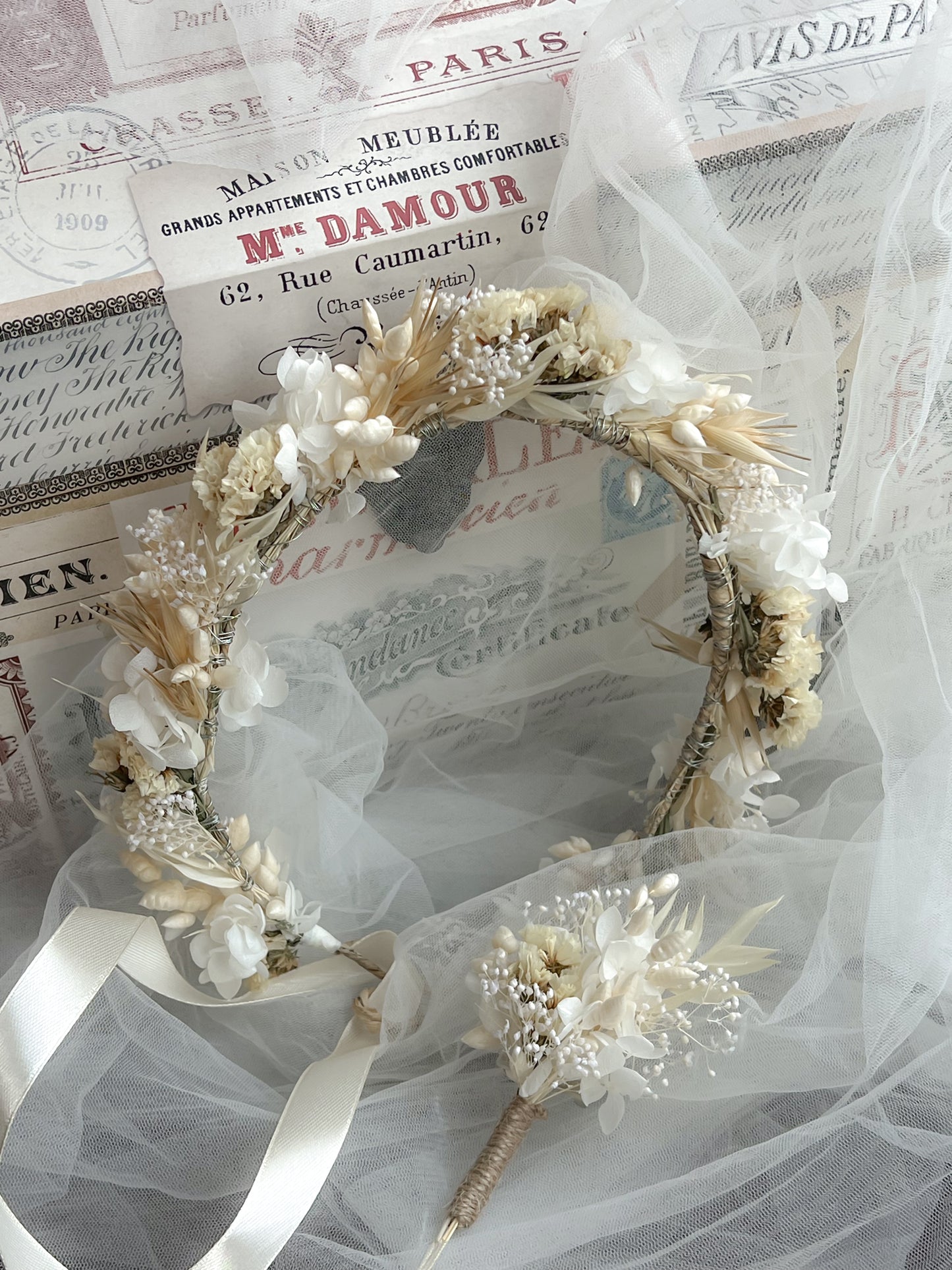 Boho Wedding Dried Flower Crown, Wild Meadow Floral Headpiece Adult for Brides, Bridal Hair Accessories with Corsage Flowers