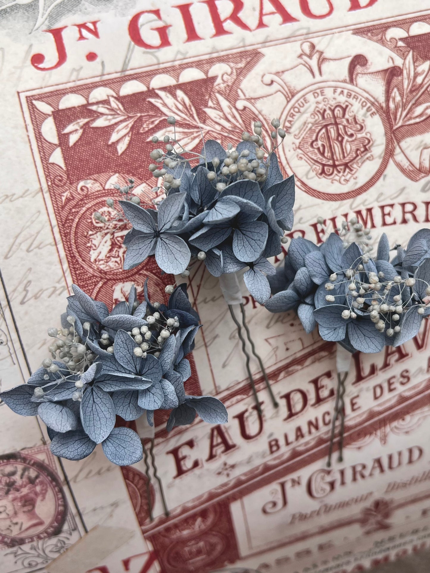 Dusty Blue Wedding Hair Pins with Hydrangeas and Gypsophilas, Set of 3