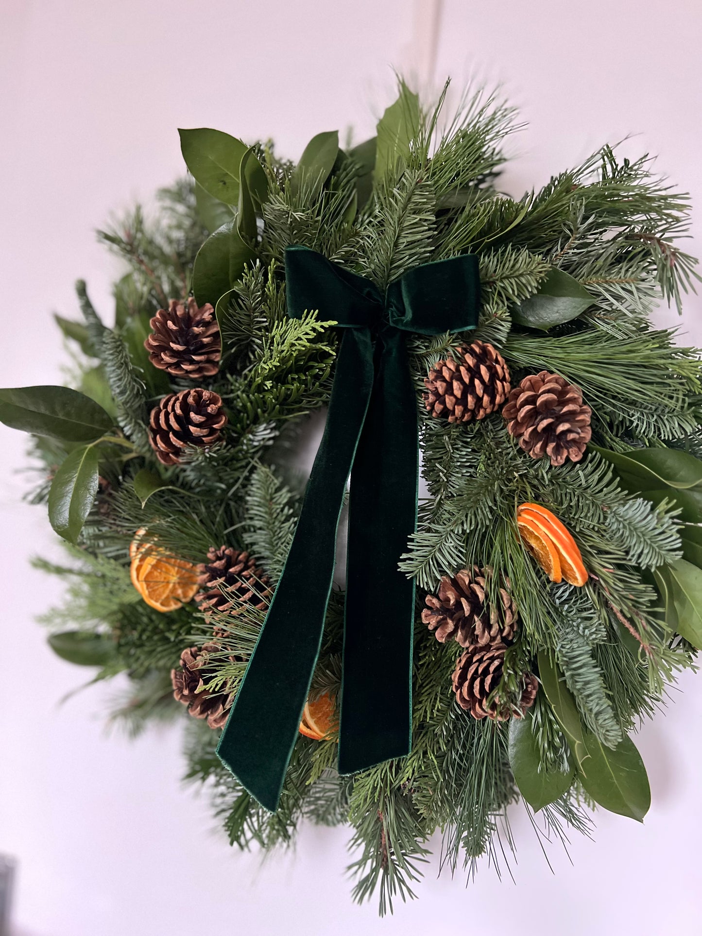 Large Fresh Christmas Wreath Natural with Pinecones and Oranges and Velvet Ribbon 20”