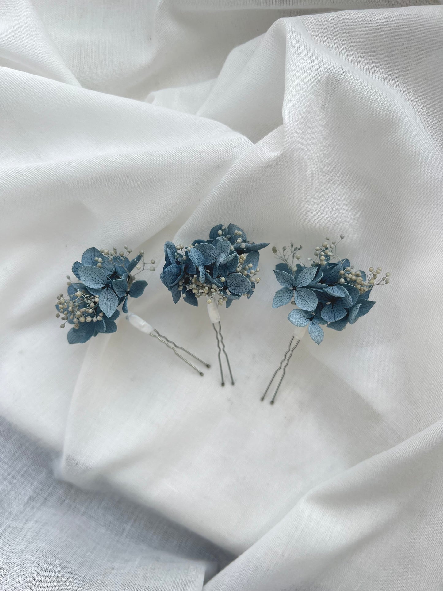 Dusty Blue Wedding Hair Pins with Hydrangeas and Gypsophilas, Set of 3