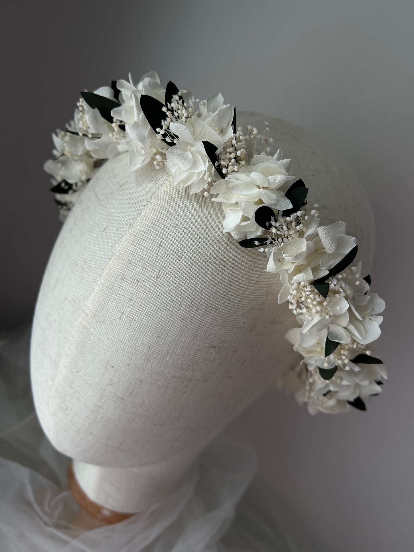 White Flower Crown with Preserved Hydrangeas, Babys Breath and Eucalyptus Leaves