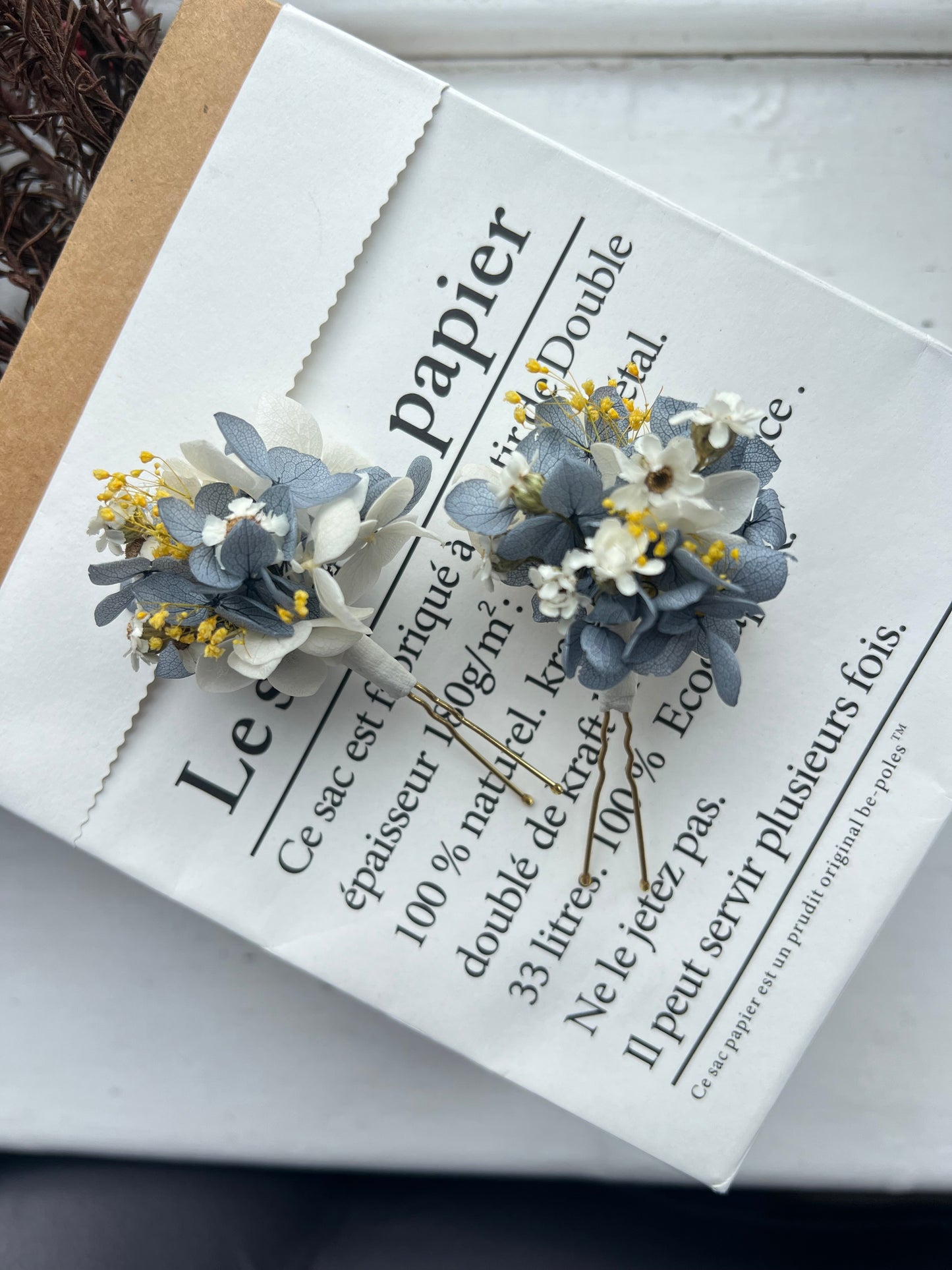 Dusty Blue Wedding, Hydrangea Hair Pins with Yellow Gypsophila and Dried Daisies