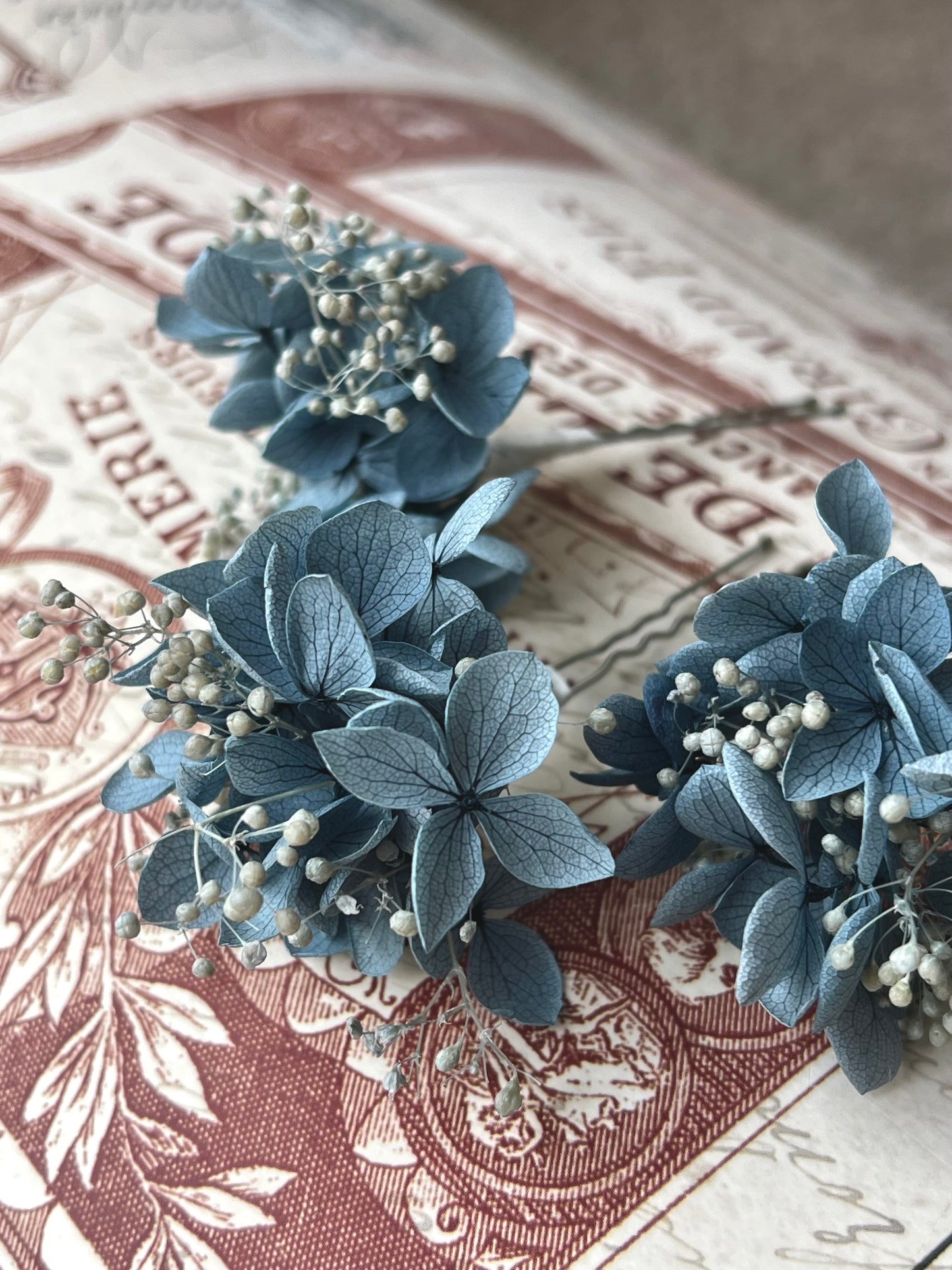 Dusty Blue Wedding Hair Pins with Hydrangeas and Gypsophilas, Set of 3