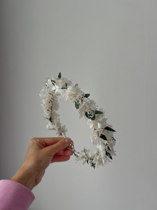 White Flower Crown with Preserved Hydrangeas, Babys Breath and Eucalyptus Leaves