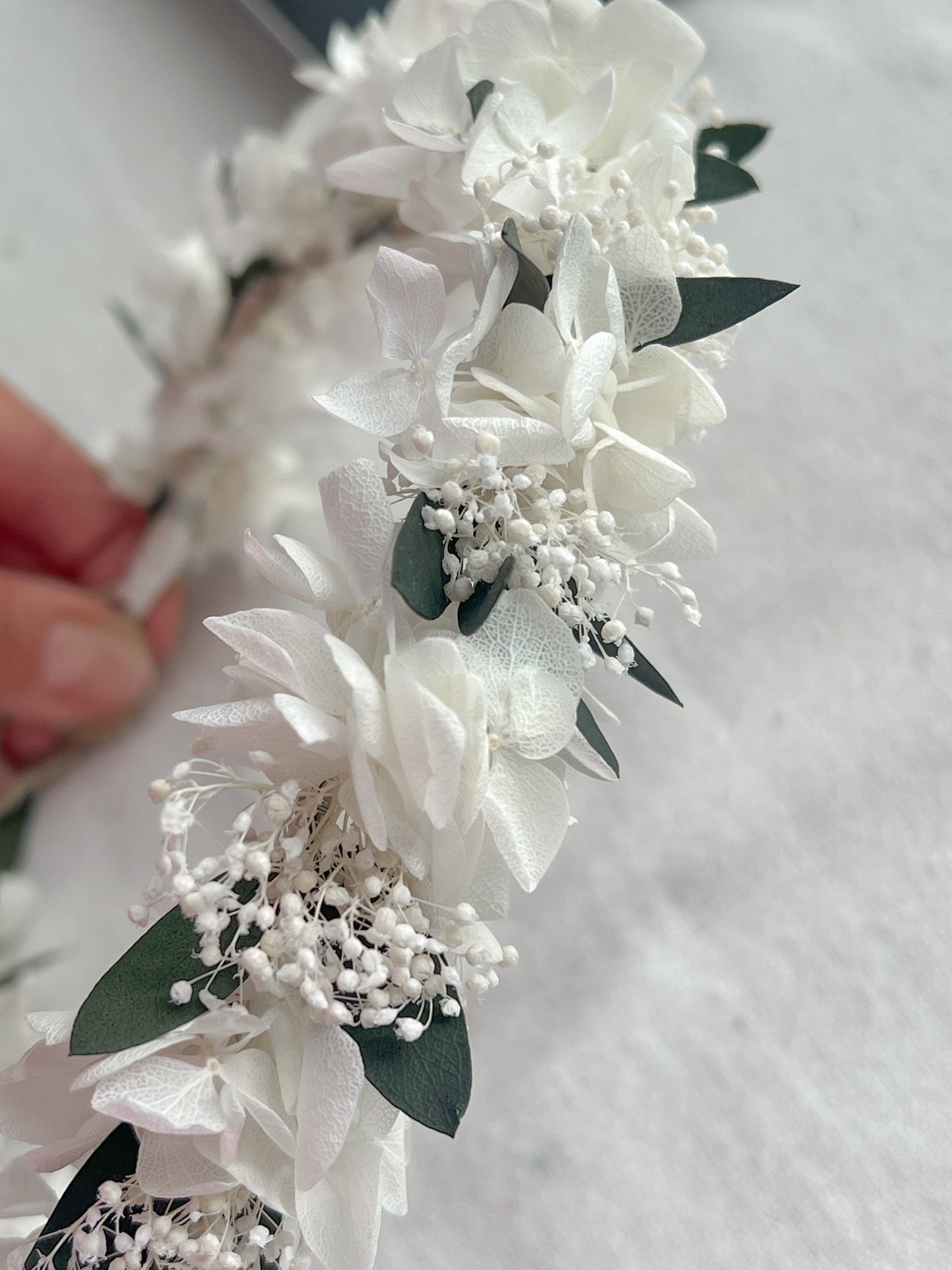 White Flower Crown with Preserved Hydrangeas, Babys Breath and Eucalyptus Leaves